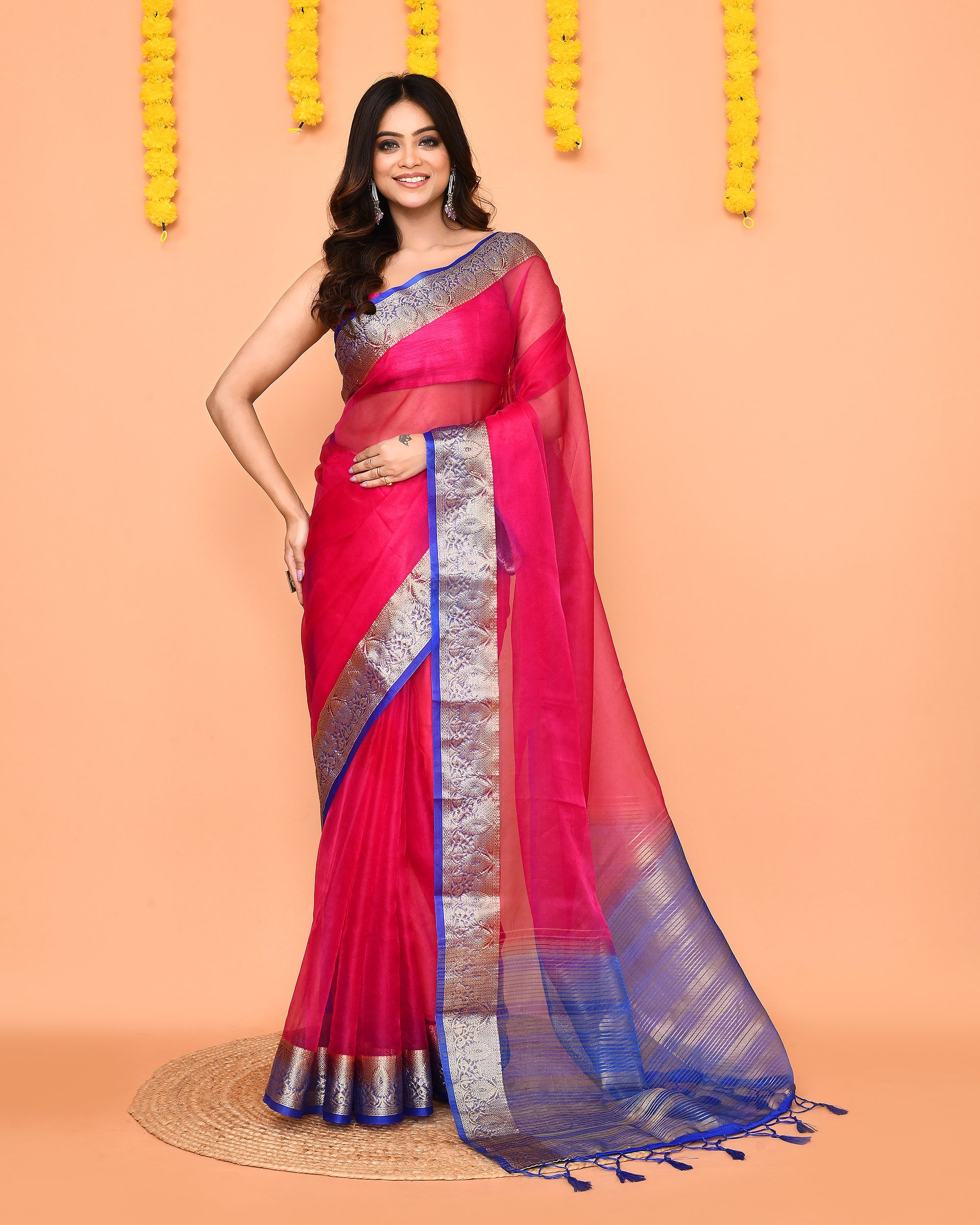 Piyari Fashion Women's Rani Pink Organza Silk Saree With Zari Border - Distacart