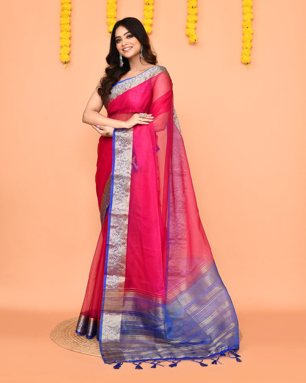 Piyari Fashion Women's Rani Pink Organza Silk Saree With Zari Border - Distacart