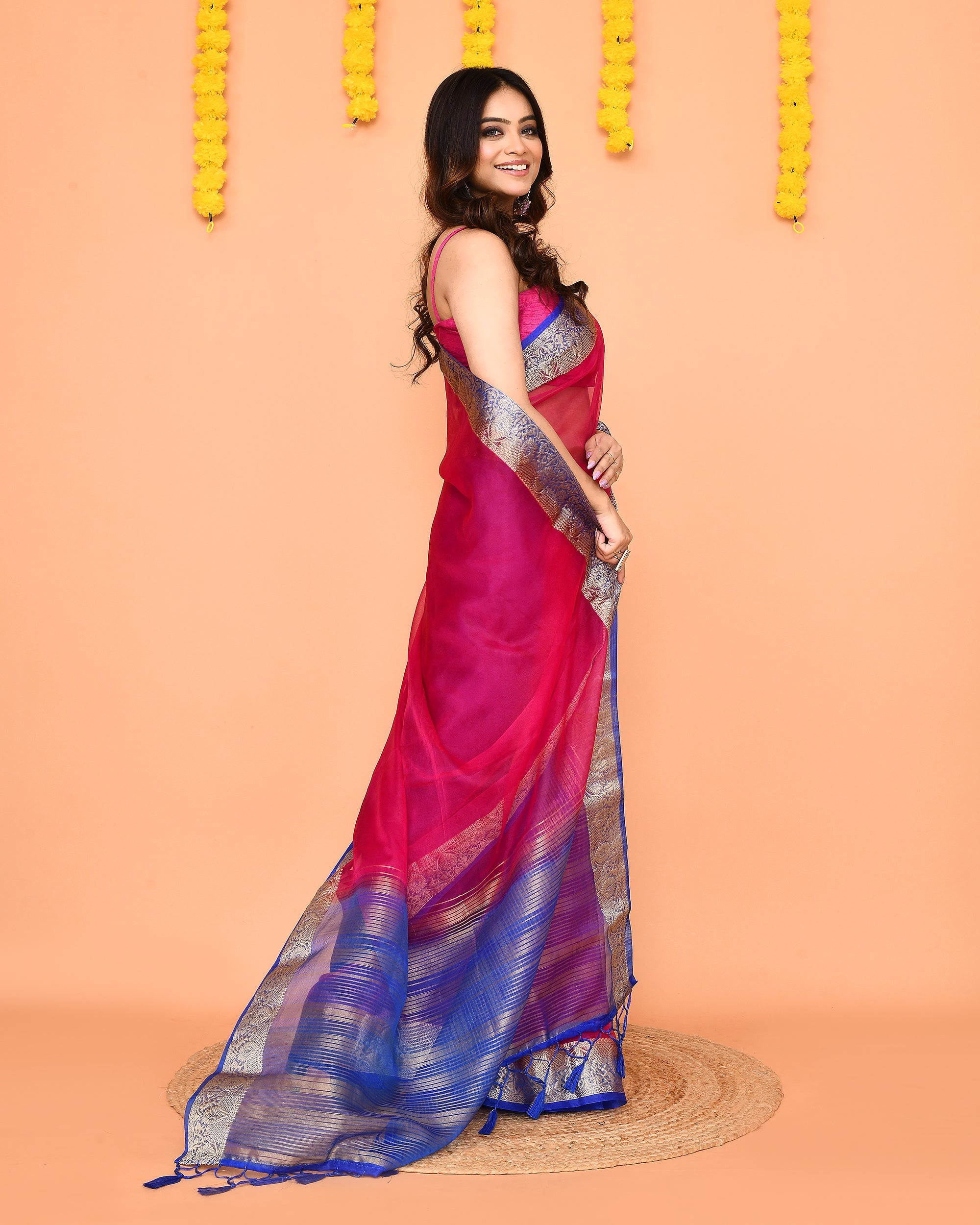 Piyari Fashion Women's Rani Pink Organza Silk Saree With Zari Border - Distacart