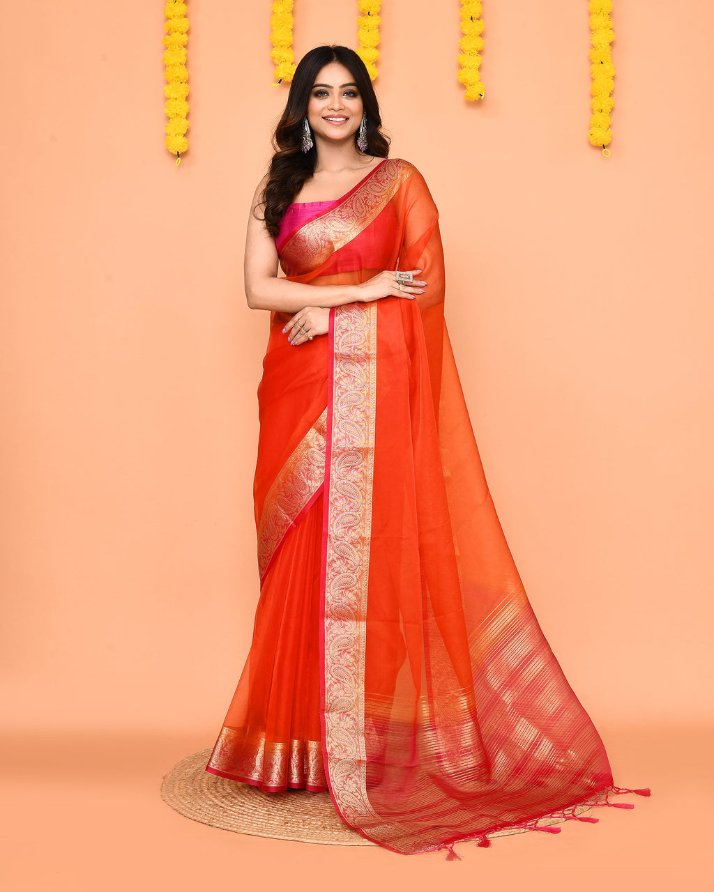 Piyari Fashion Women's Orange Organza Silk Saree With Zari Border - Distacart