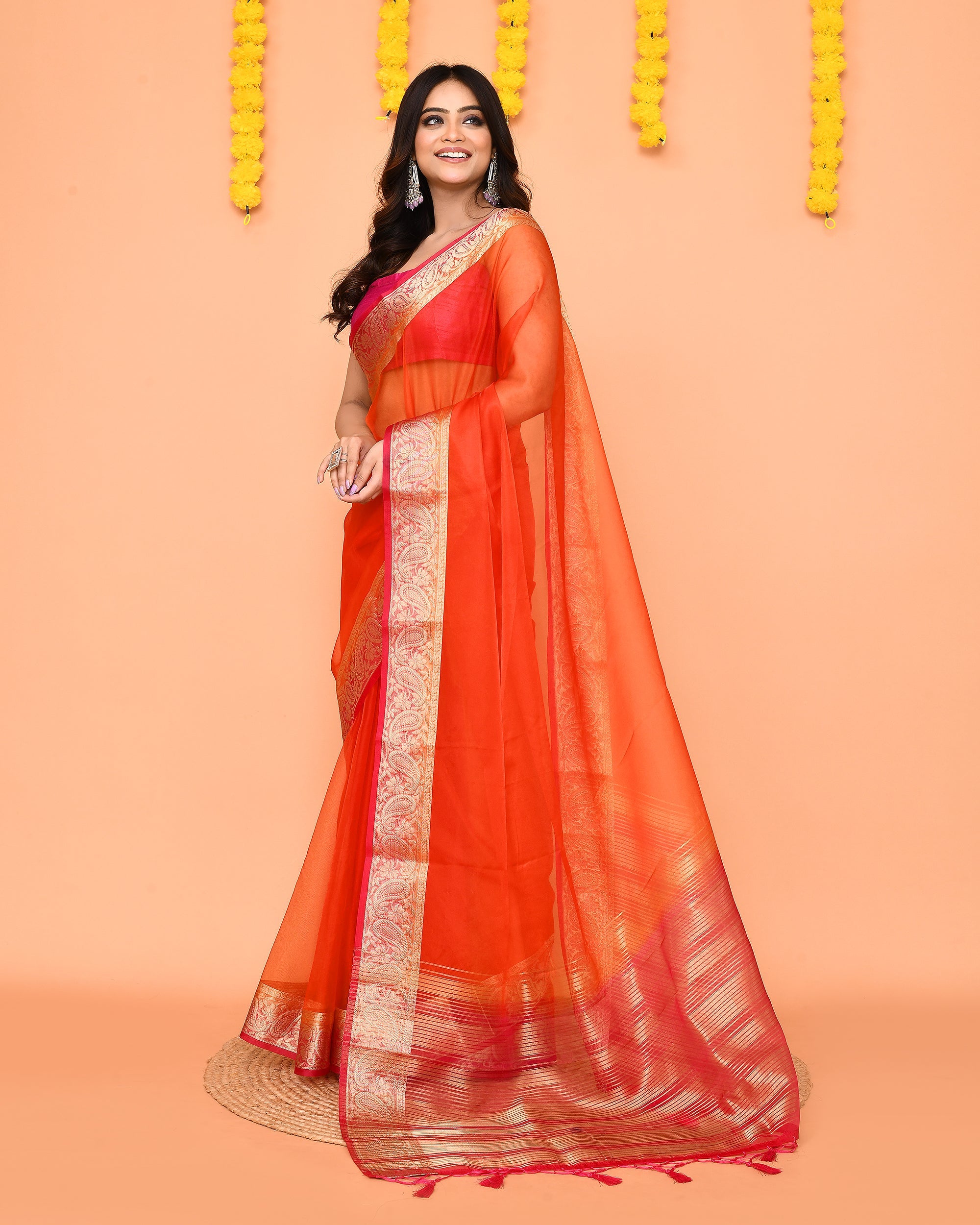 Piyari Fashion Women's Orange Organza Silk Saree With Zari Border - Distacart