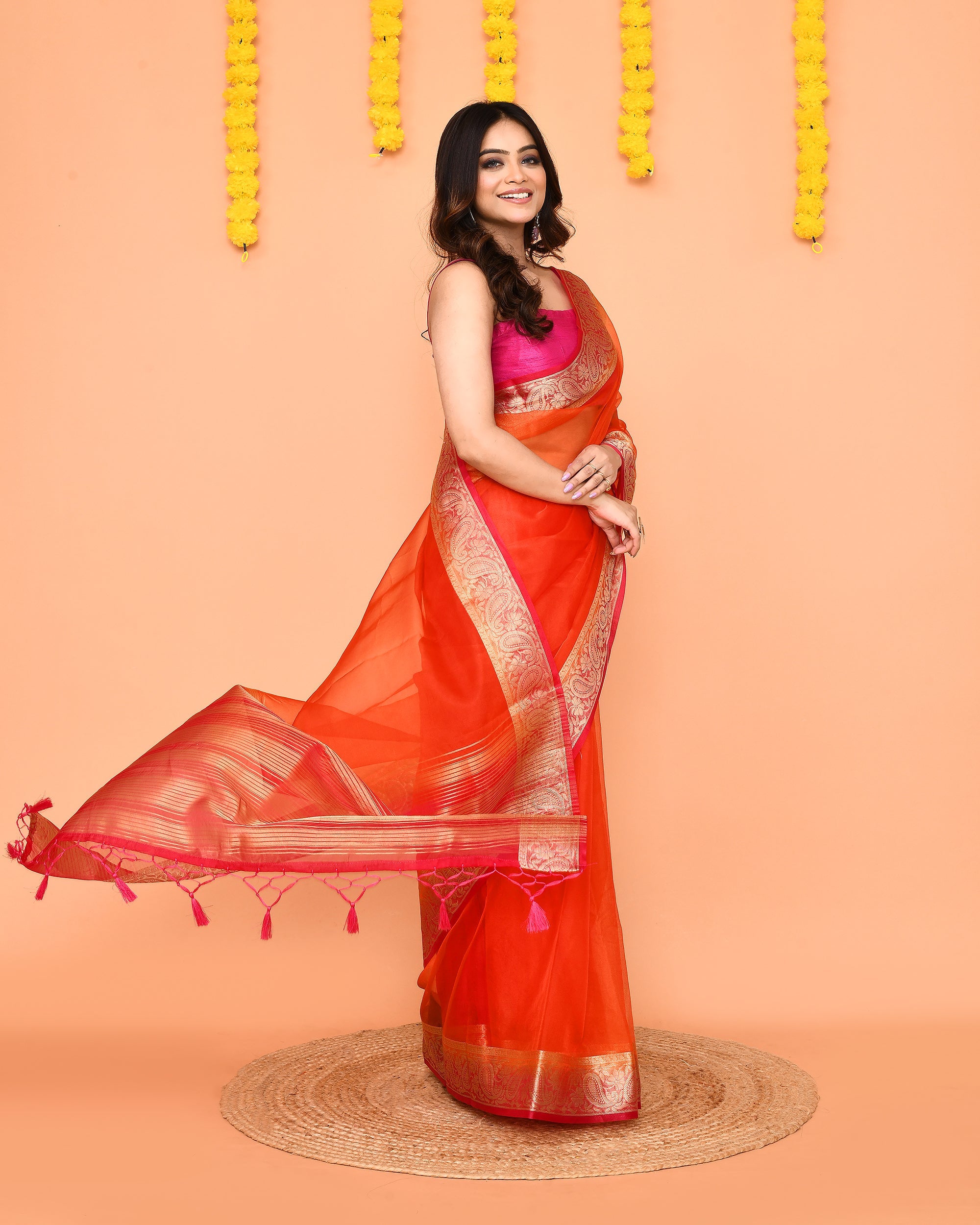 Piyari Fashion Women's Orange Organza Silk Saree With Zari Border - Distacart