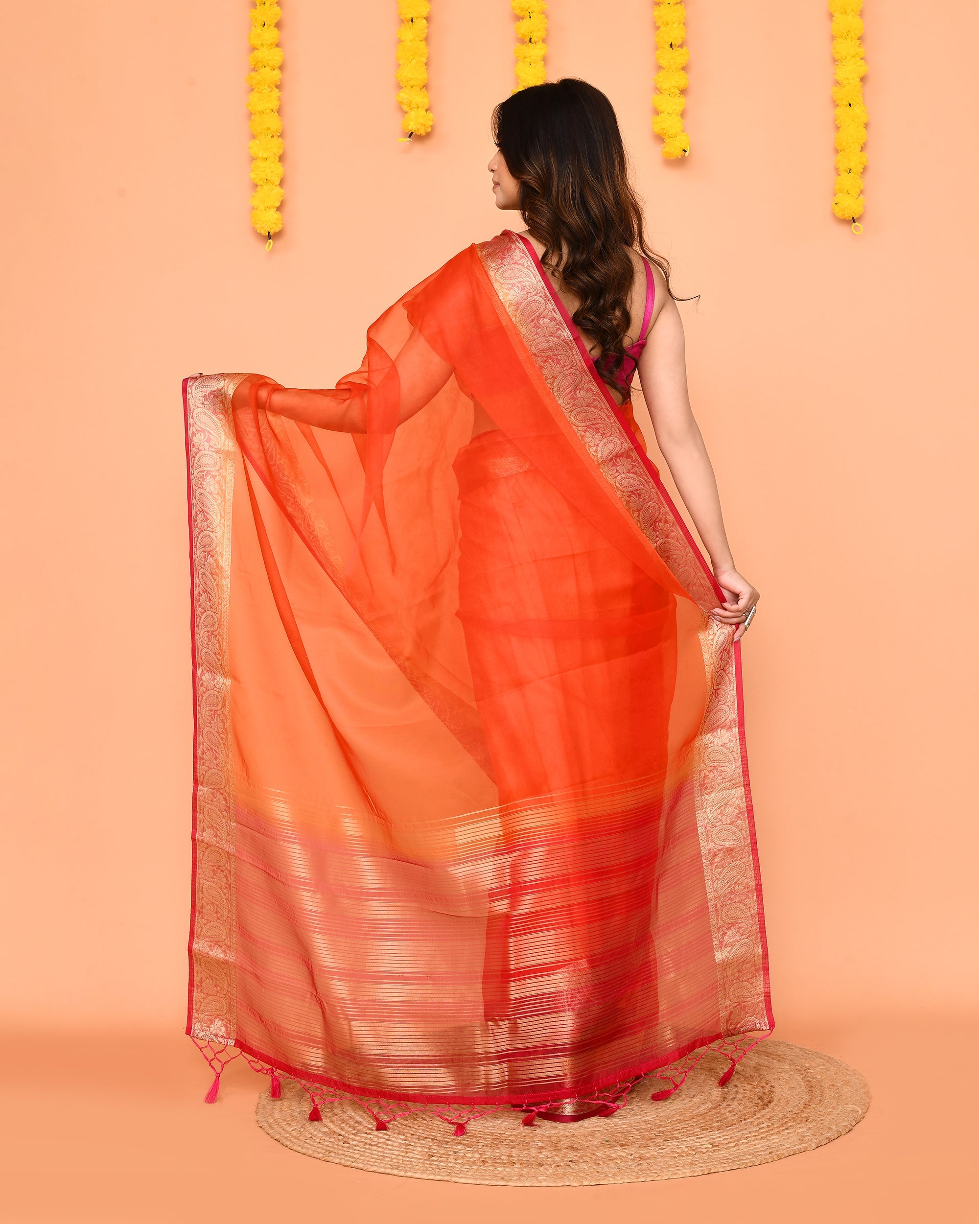 Piyari Fashion Women's Orange Organza Silk Saree With Zari Border - Distacart