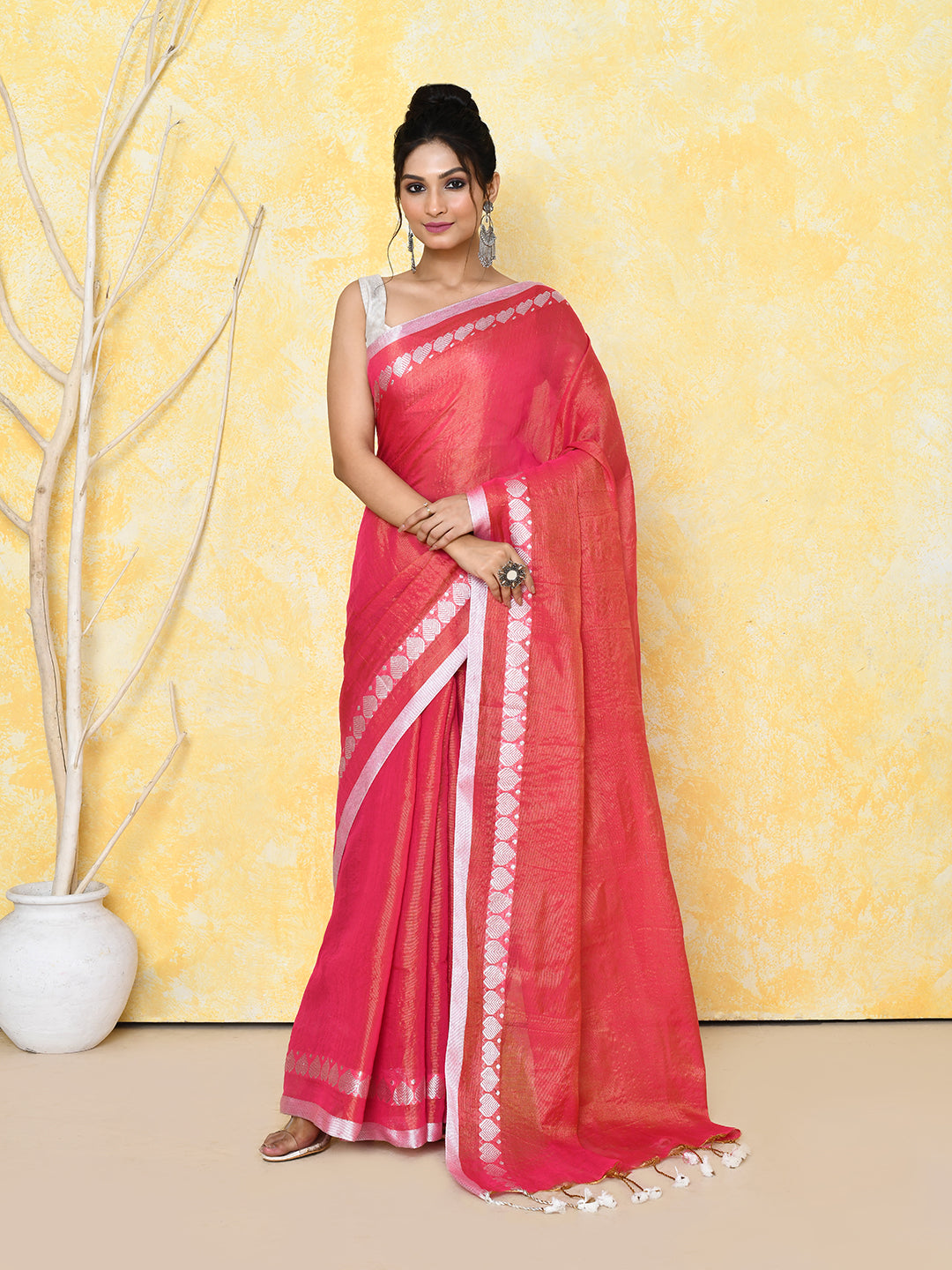 Piyari Fashion Women's Love Border Tomato Red Tissue Saree With Blouse Piece - Distacart