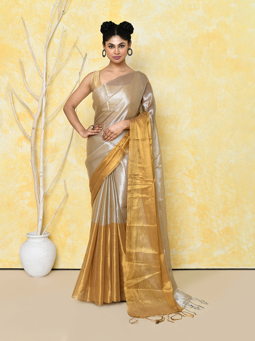 Piyari Fashion Women's Silver Gold Organic Tissue Saree With Blouse Piece - Distacart