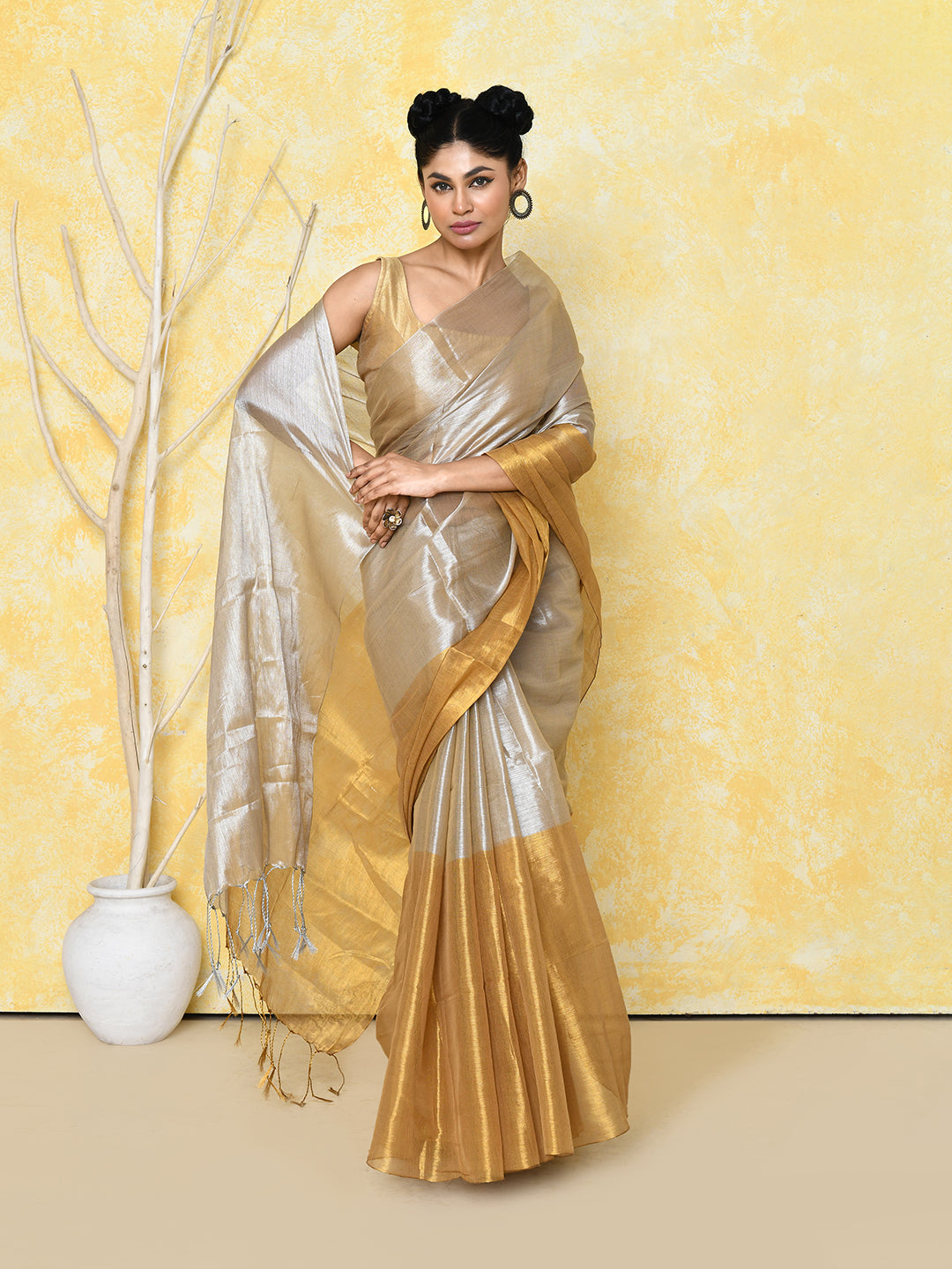 Piyari Fashion Women's Silver Gold Organic Tissue Saree With Blouse Piece - Distacart