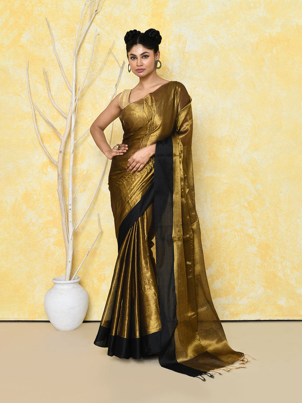 Piyari Fashion Women's Gold Organic Tissue Saree With Blouse Piece - Distacart