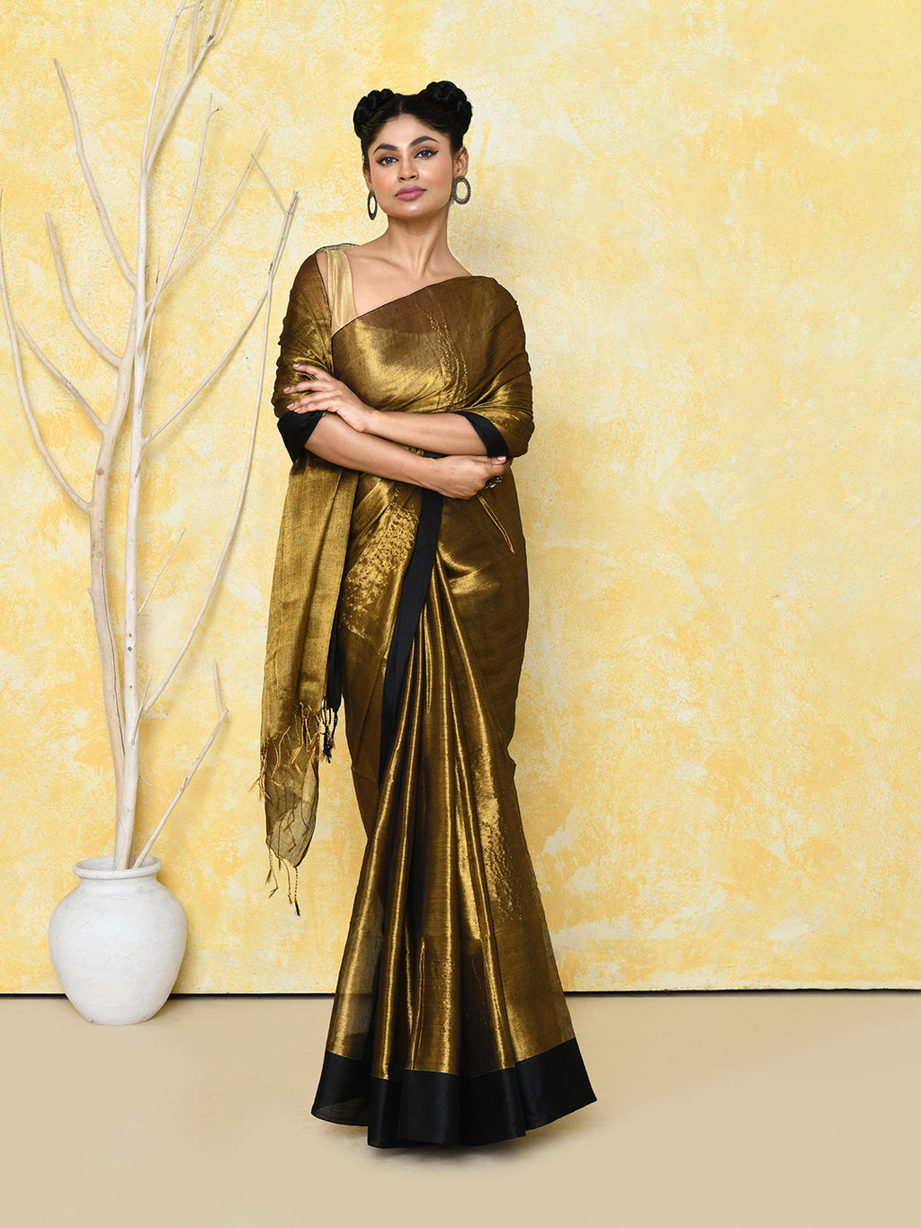 Piyari Fashion Women's Gold Organic Tissue Saree With Blouse Piece - Distacart