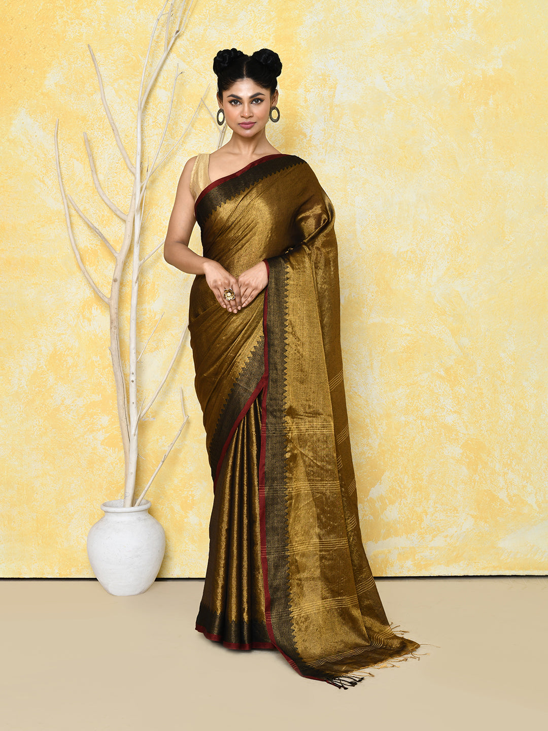 Piyari Fashion Women's Gold Organic Tissue Saree With Blouse Piece - Distacart