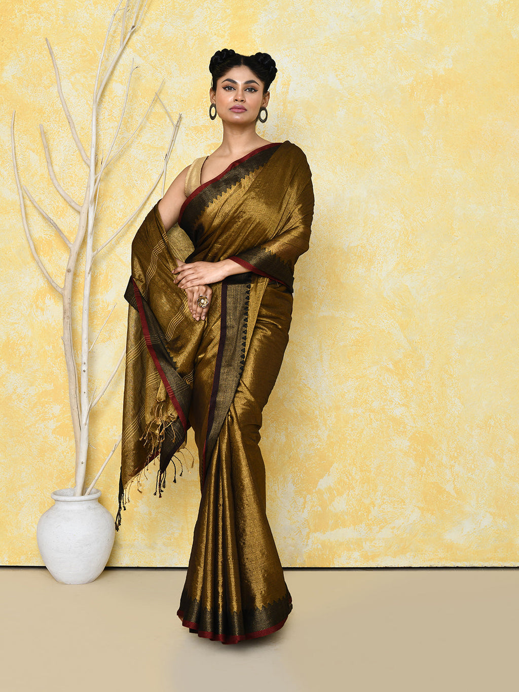 Piyari Fashion Women's Gold Organic Tissue Saree With Blouse Piece - Distacart