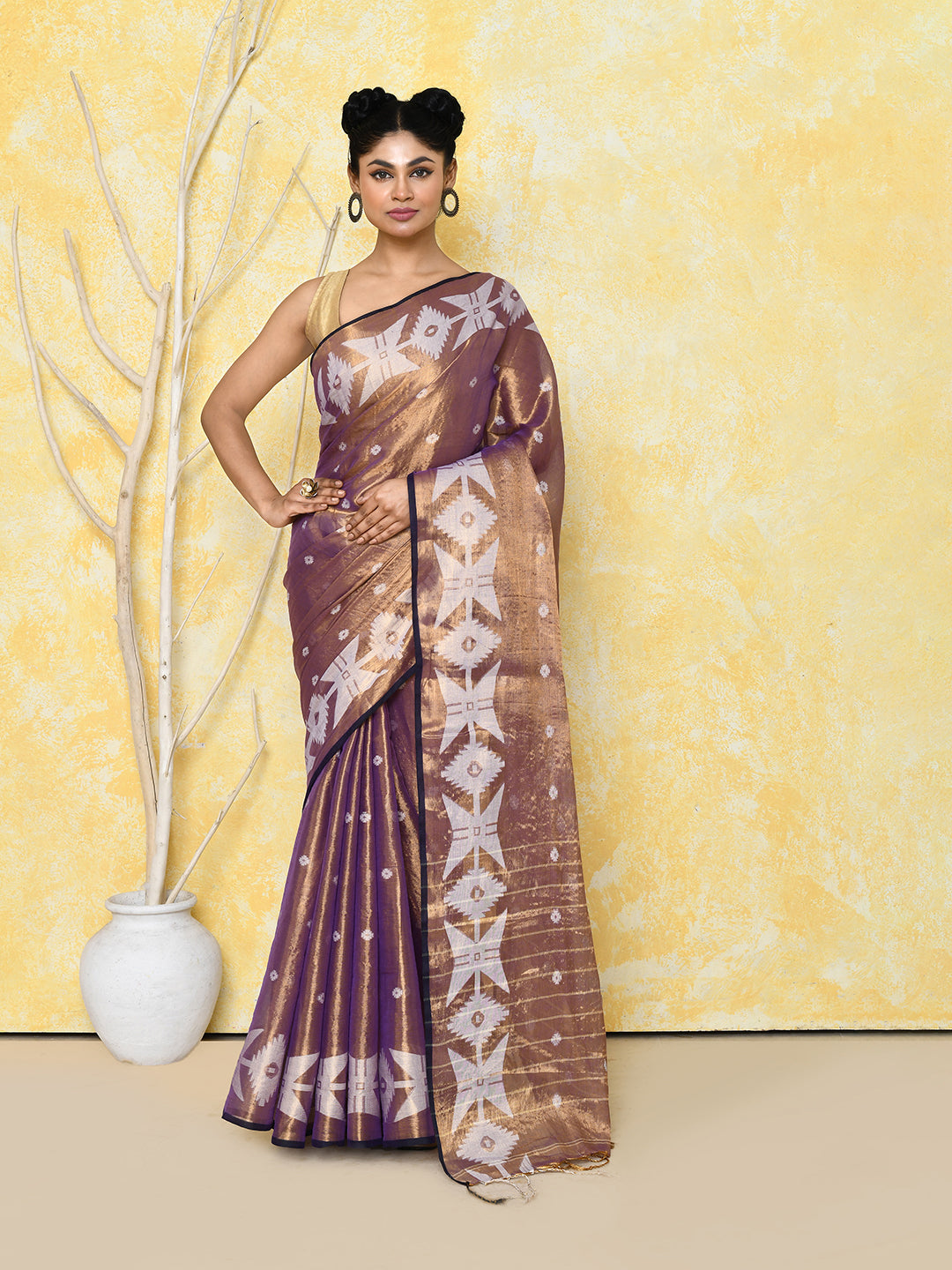 Piyari Fashion Women's Gold Blue Dual Tone Organic Tissue Jamdani Saree With Blouse Piece - Distacart
