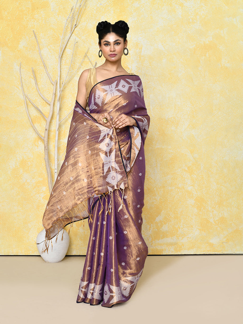 Piyari Fashion Women's Gold Blue Dual Tone Organic Tissue Jamdani Saree With Blouse Piece - Distacart