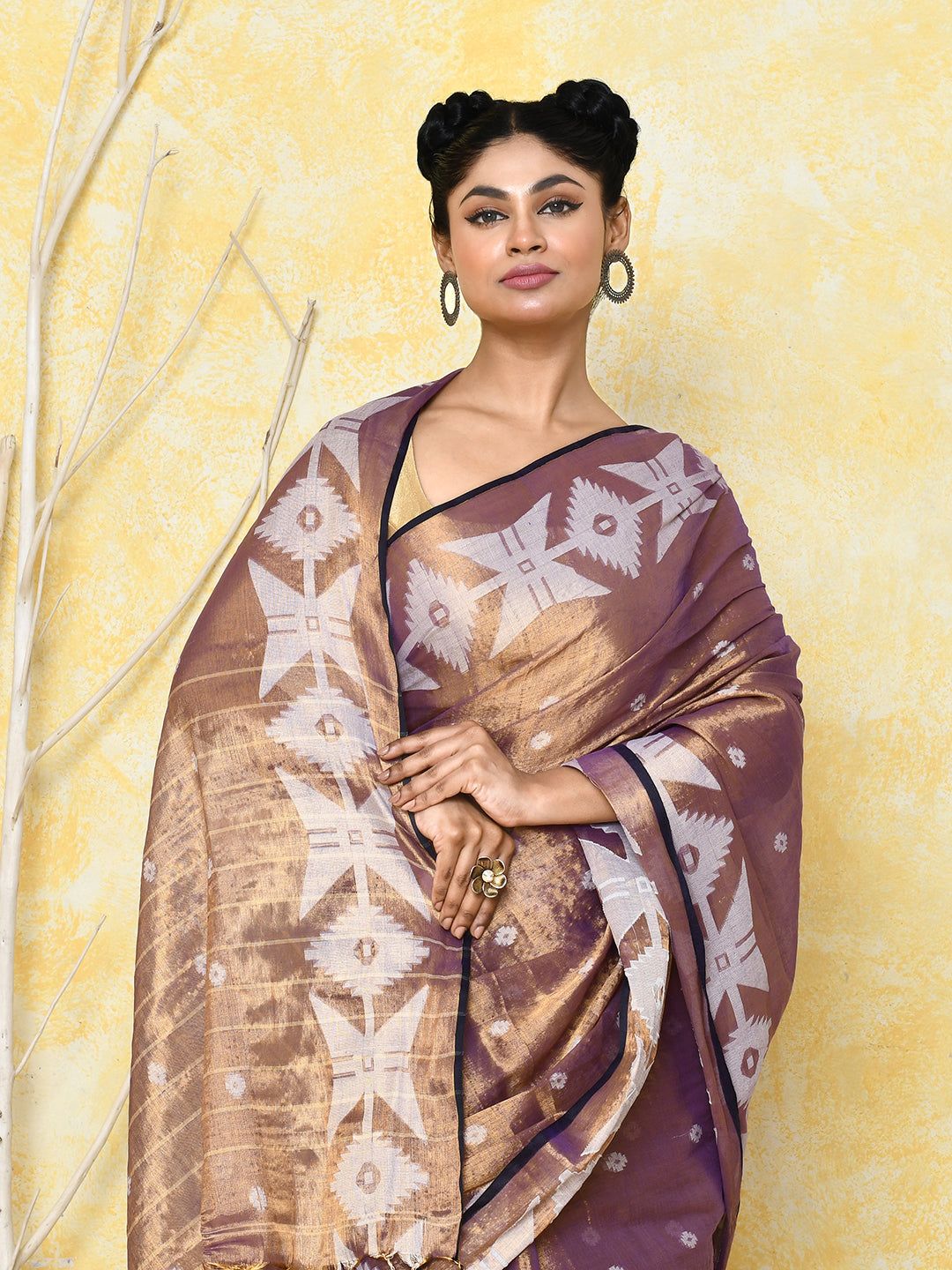 Piyari Fashion Women's Gold Blue Dual Tone Organic Tissue Jamdani Saree With Blouse Piece - Distacart