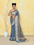Piyari Fashion Women's Gold Turquoise Dual Tone Organic Tissue Jamdani Saree With Blouse Piece - Distacart