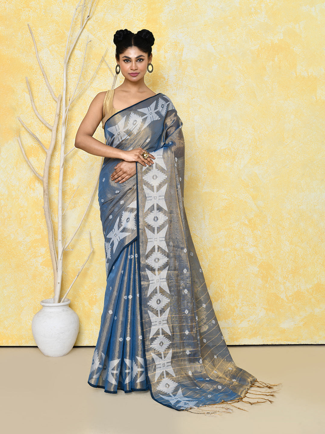 Piyari Fashion Women's Gold Turquoise Dual Tone Organic Tissue Jamdani Saree With Blouse Piece - Distacart