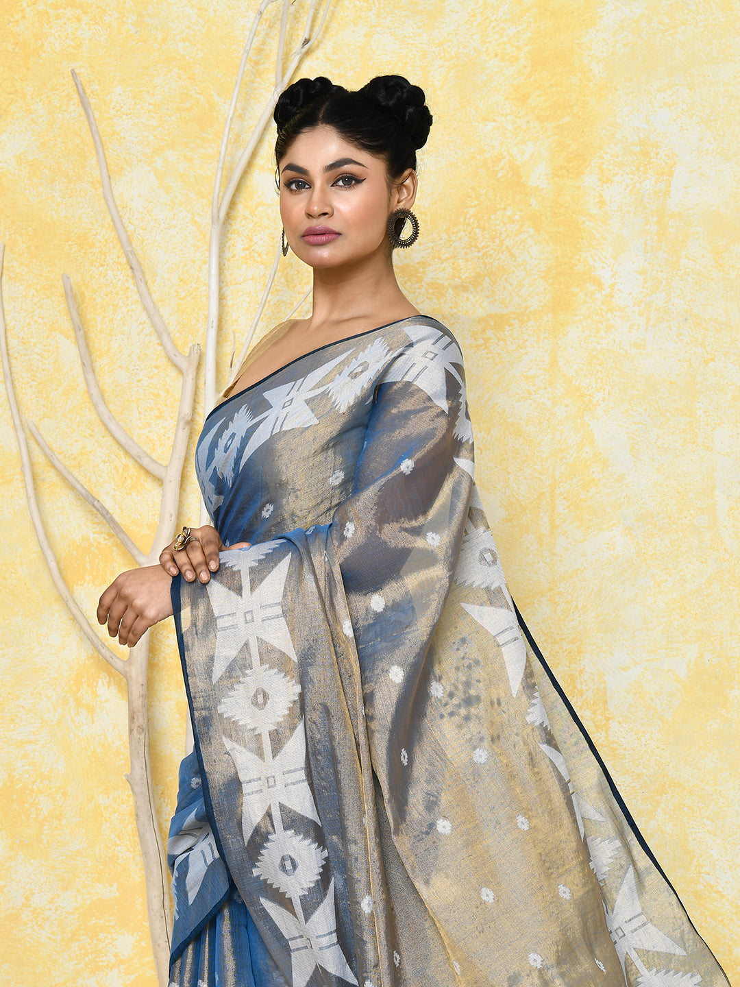 Piyari Fashion Women's Gold Turquoise Dual Tone Organic Tissue Jamdani Saree With Blouse Piece - Distacart