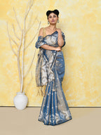 Piyari Fashion Women's Gold Turquoise Dual Tone Organic Tissue Jamdani Saree With Blouse Piece - Distacart