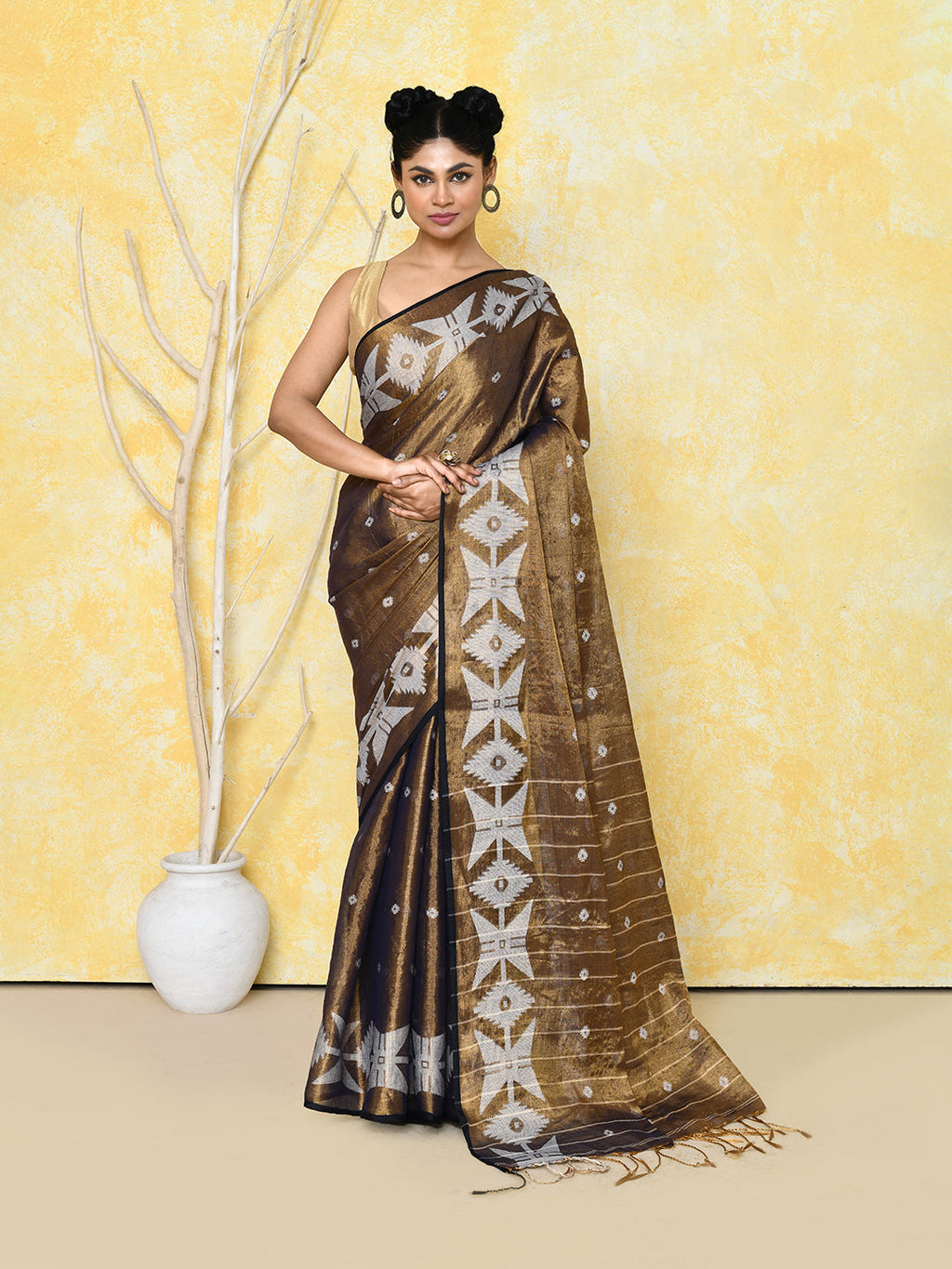 Piyari Fashion Women's Gold Dual Tone Organic Tissue Jamdani Saree With Blouse Piece - Distacart