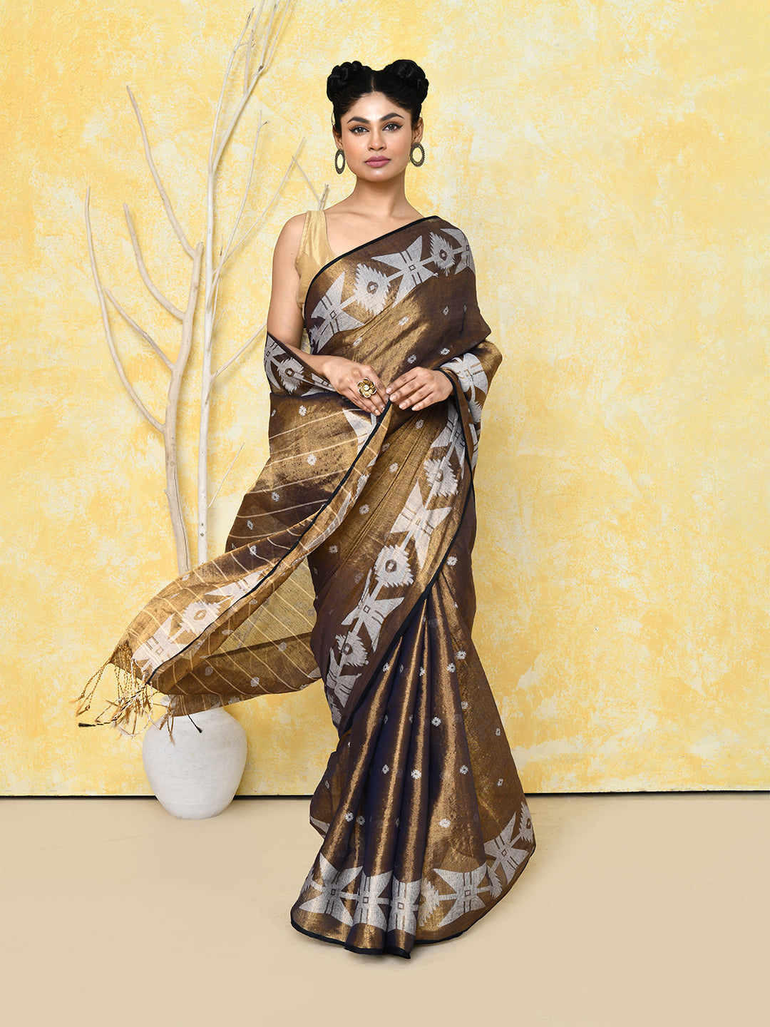 Piyari Fashion Women's Gold Dual Tone Organic Tissue Jamdani Saree With Blouse Piece - Distacart