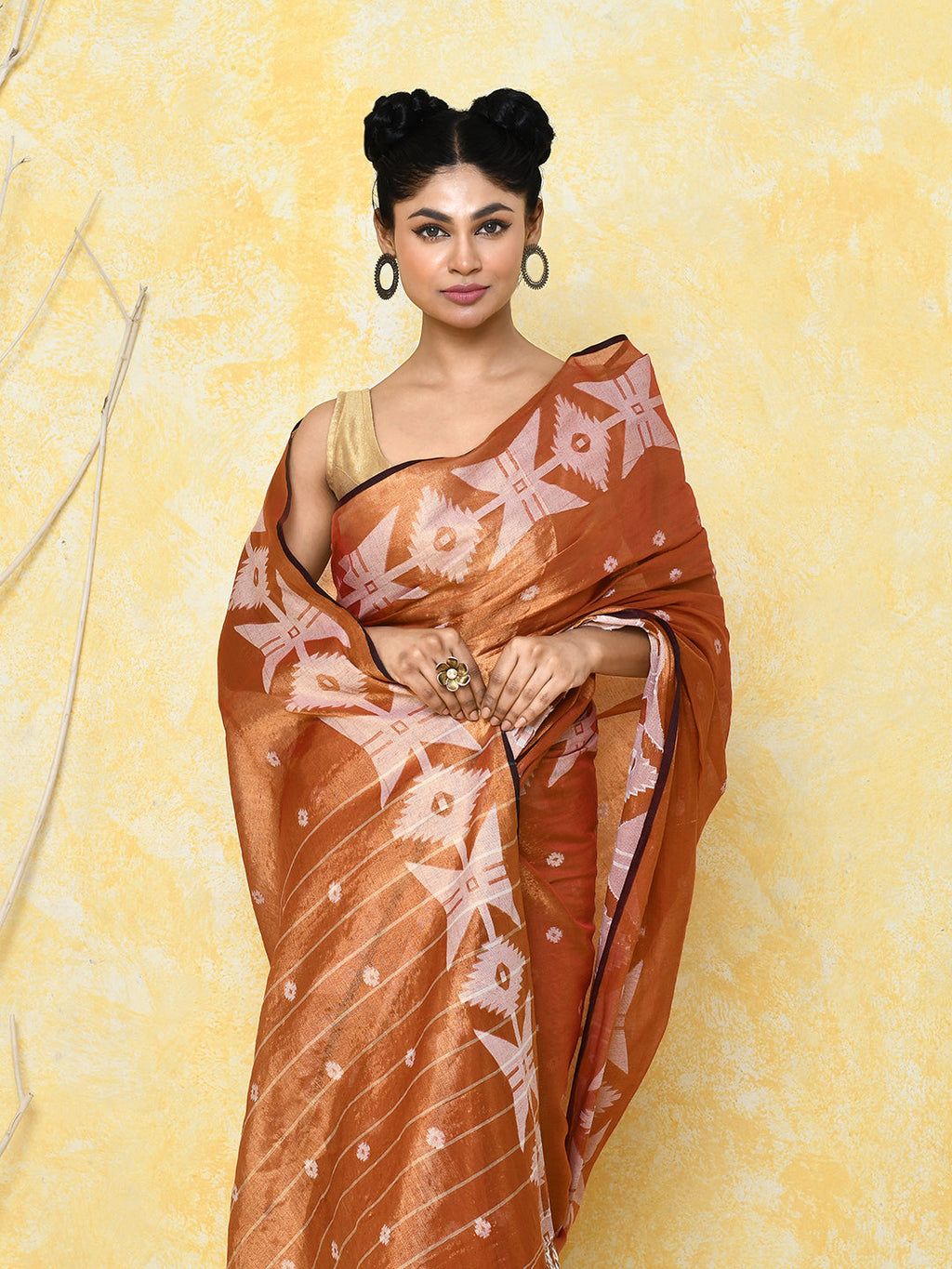 Piyari Fashion Women's Orange Dual Tone Organic Tissue Jamdani Saree With Blouse Piece - Distacart