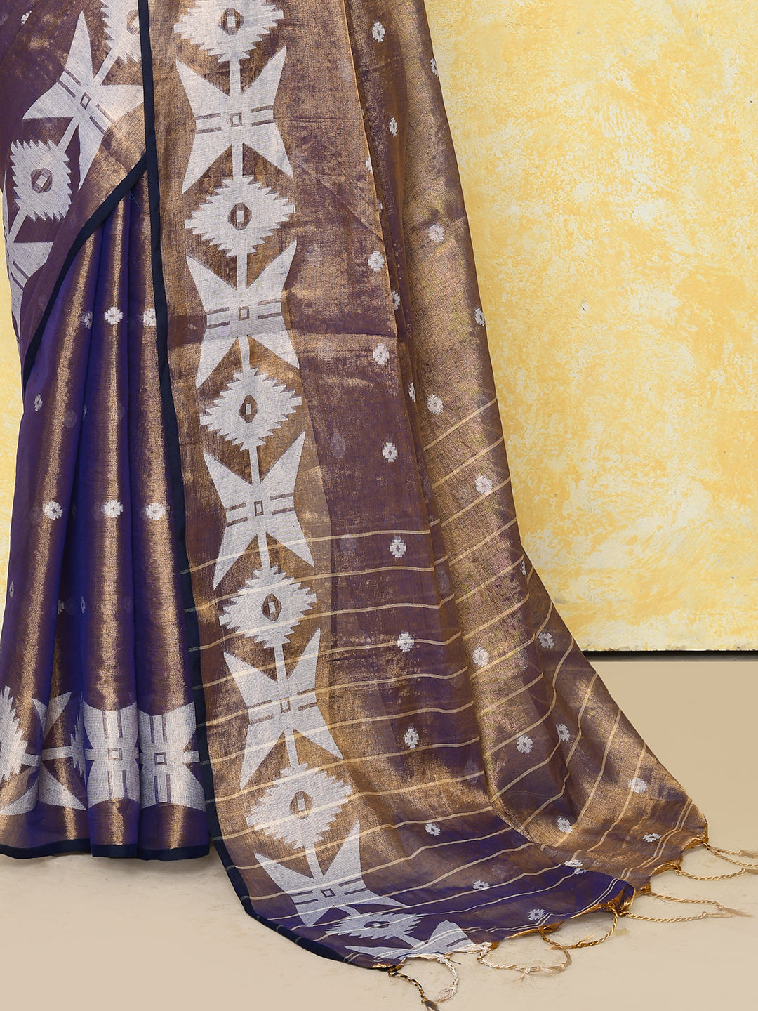 Piyari Fashion Women's Gold Blue Dual Tone Organic Tissue Jamdani Saree With Blouse Piece - Distacart