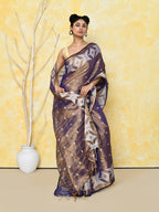 Piyari Fashion Women's Gold Blue Dual Tone Organic Tissue Jamdani Saree With Blouse Piece - Distacart