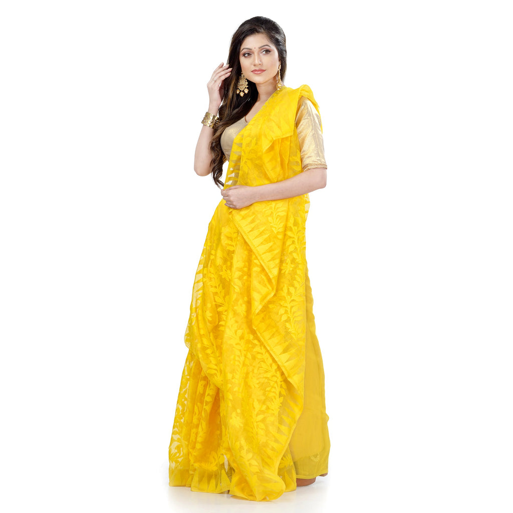 Piyari Fashion Cotton Blend Handloom Yellow Jamdani Saree - Distacart