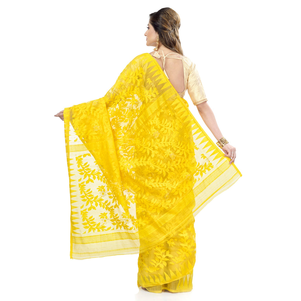 Piyari Fashion Cotton Blend Handloom Yellow Jamdani Saree - Distacart