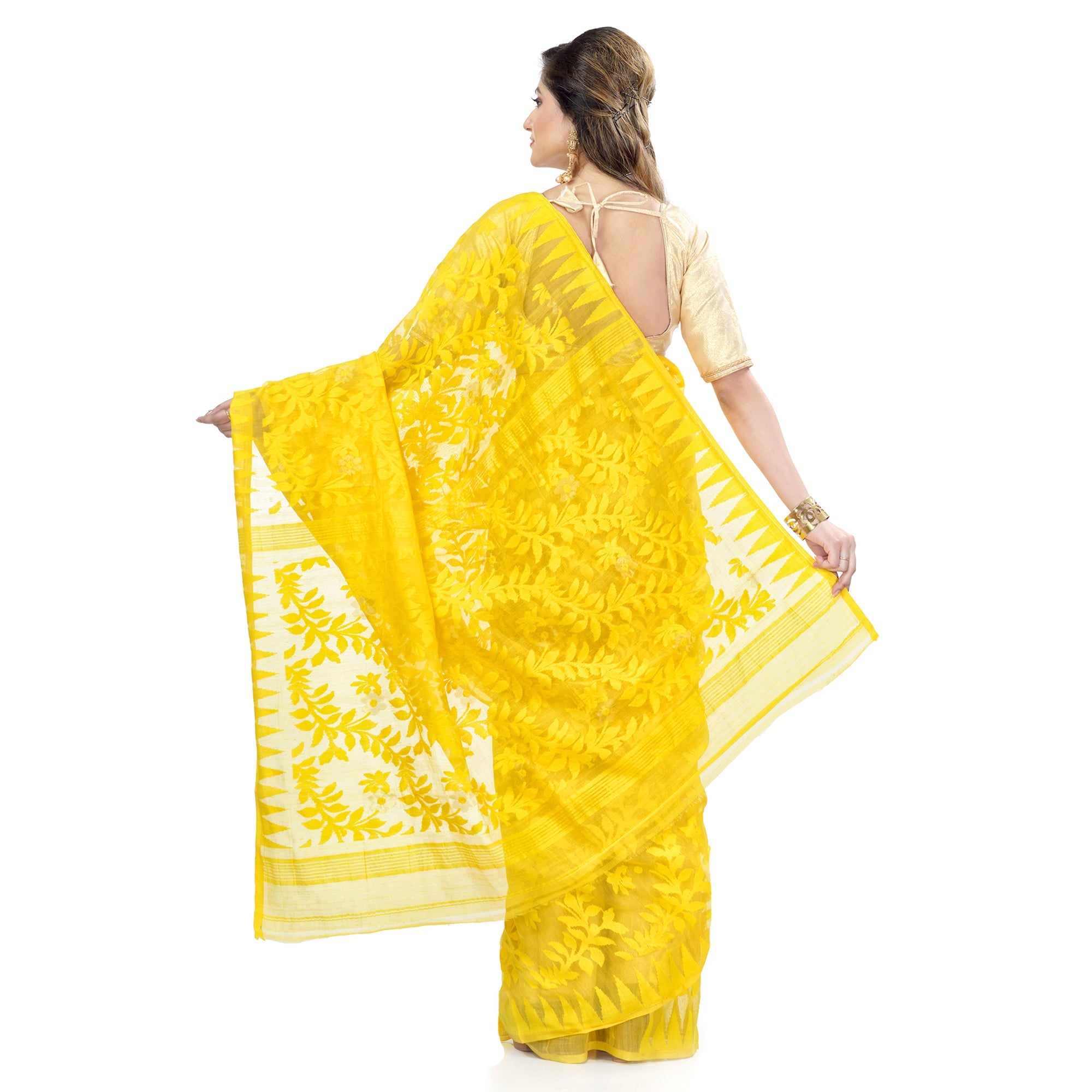 Piyari Fashion Cotton Blend Handloom Yellow Jamdani Saree - Distacart