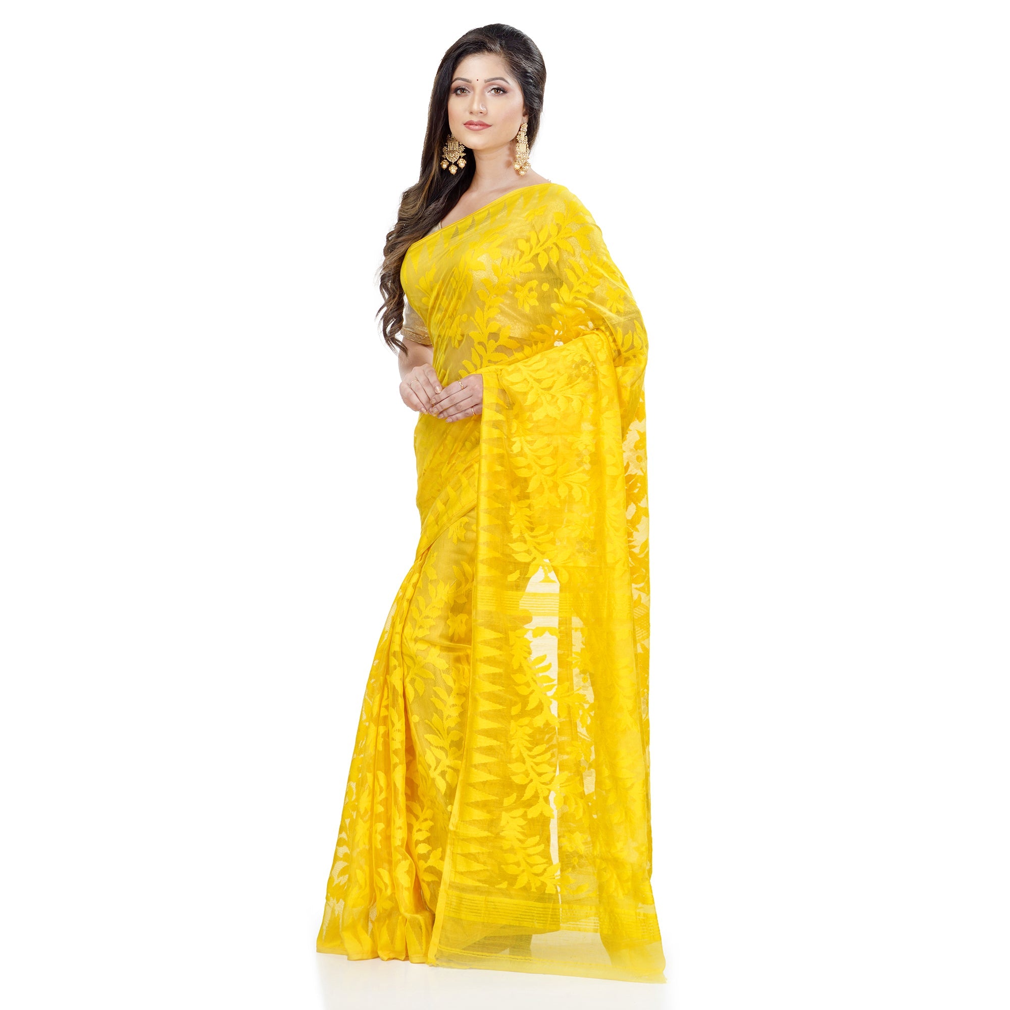 Piyari Fashion Cotton Blend Handloom Yellow Jamdani Saree - Distacart