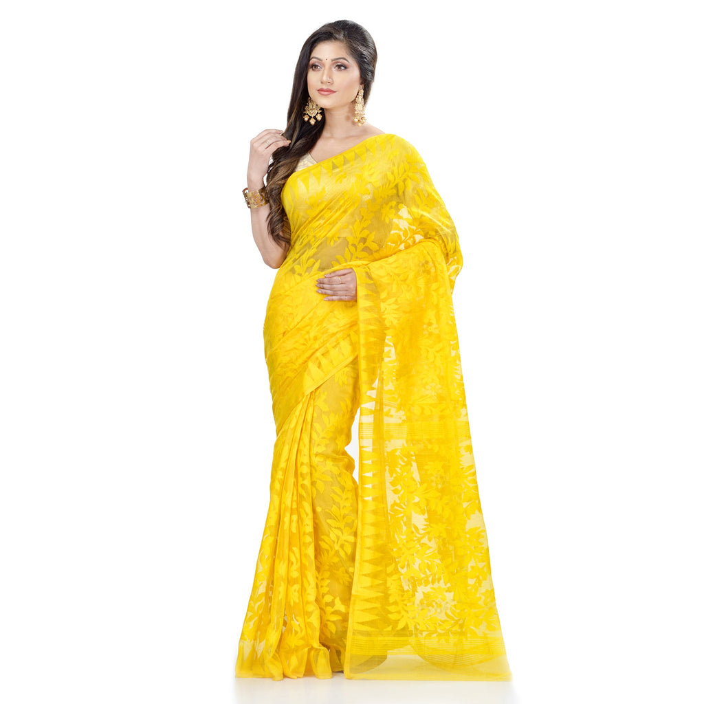Piyari Fashion Cotton Blend Handloom Yellow Jamdani Saree - Distacart