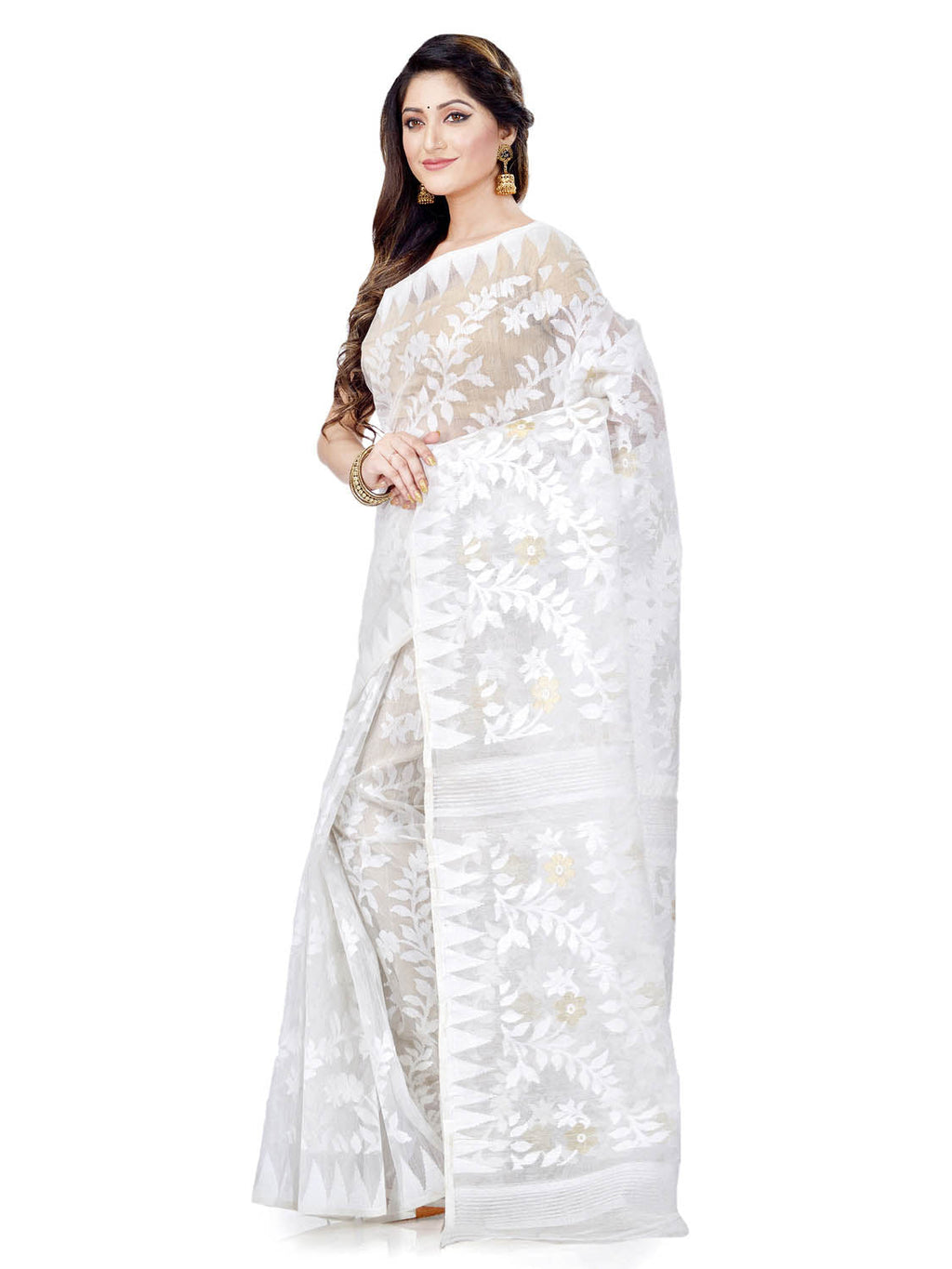 Piyari Fashion Cotton Blend Handloom White Jamdani Saree - Distacart