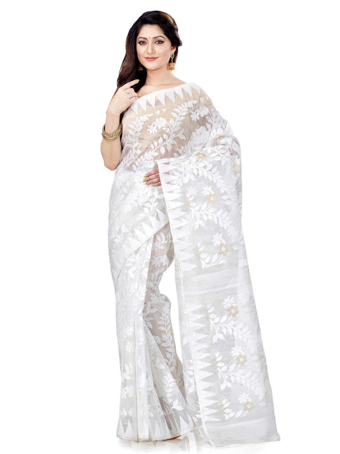 Piyari Fashion Cotton Blend Handloom White Jamdani Saree - Distacart