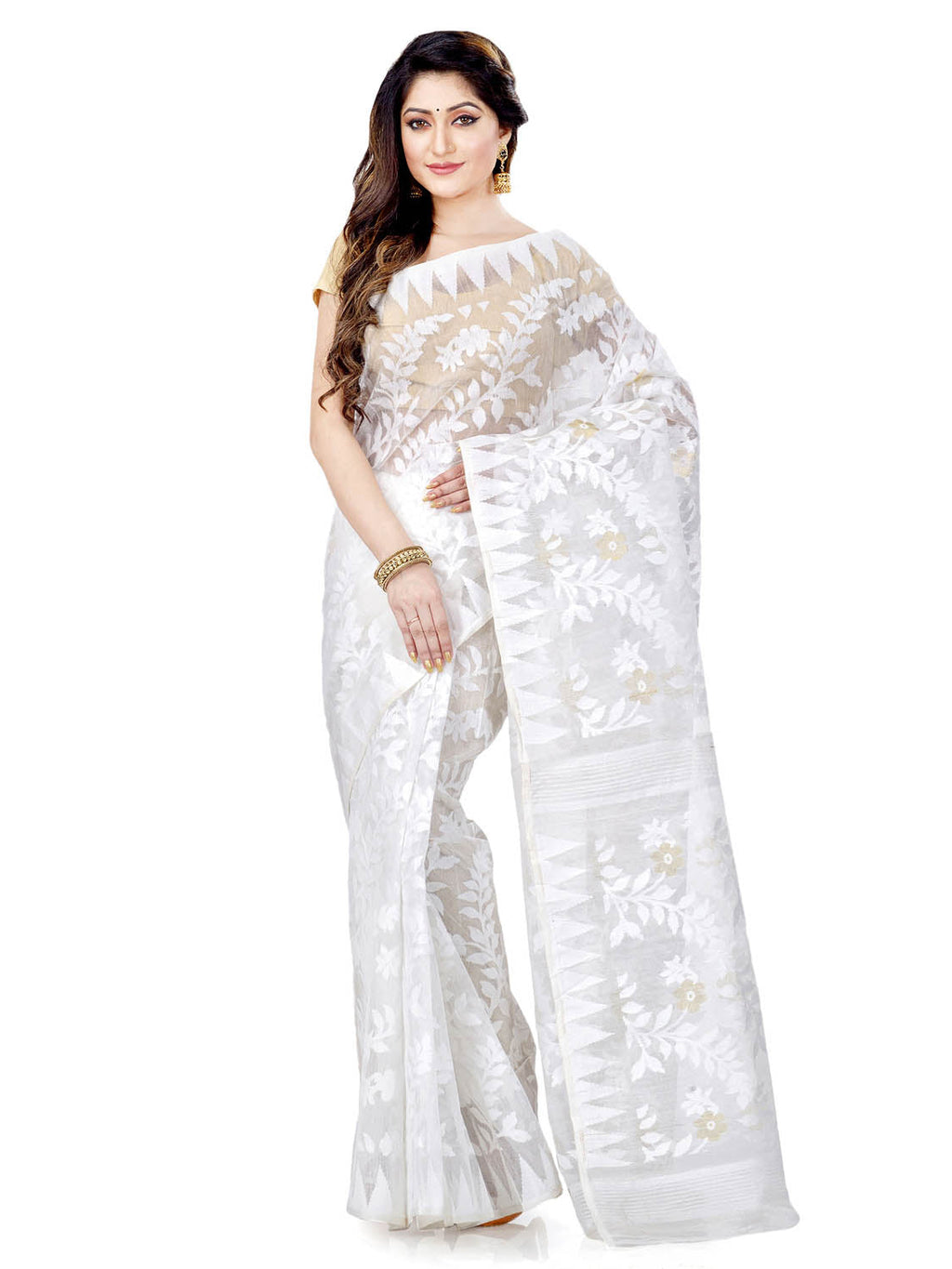 Piyari Fashion Cotton Blend Handloom White Jamdani Saree - Distacart