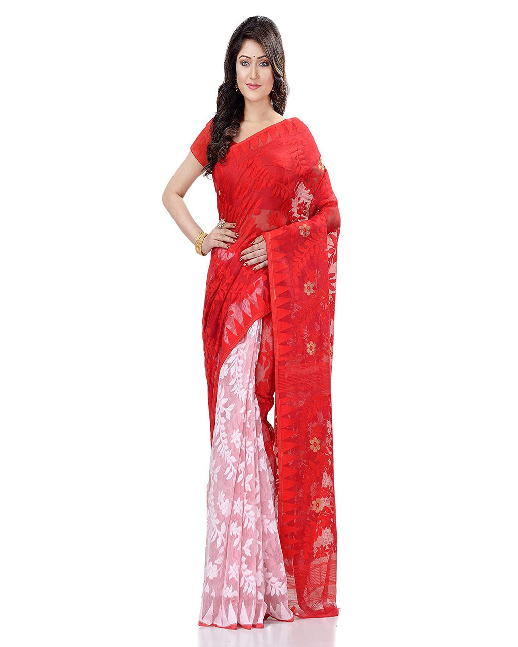 Piyari Fashion Cotton Blend Handloom Red White Jamdani Saree - Distacart
