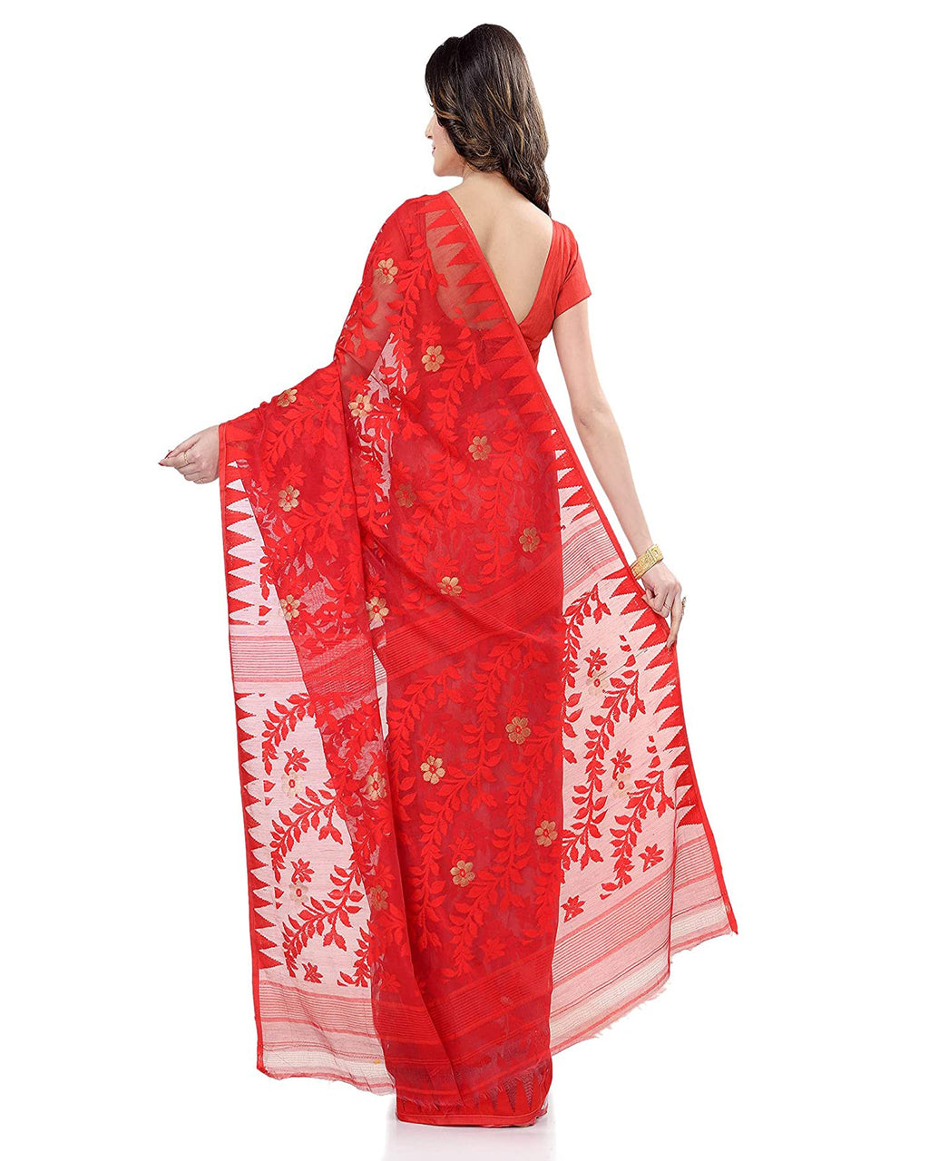 Piyari Fashion Cotton Blend Handloom Red White Jamdani Saree - Distacart