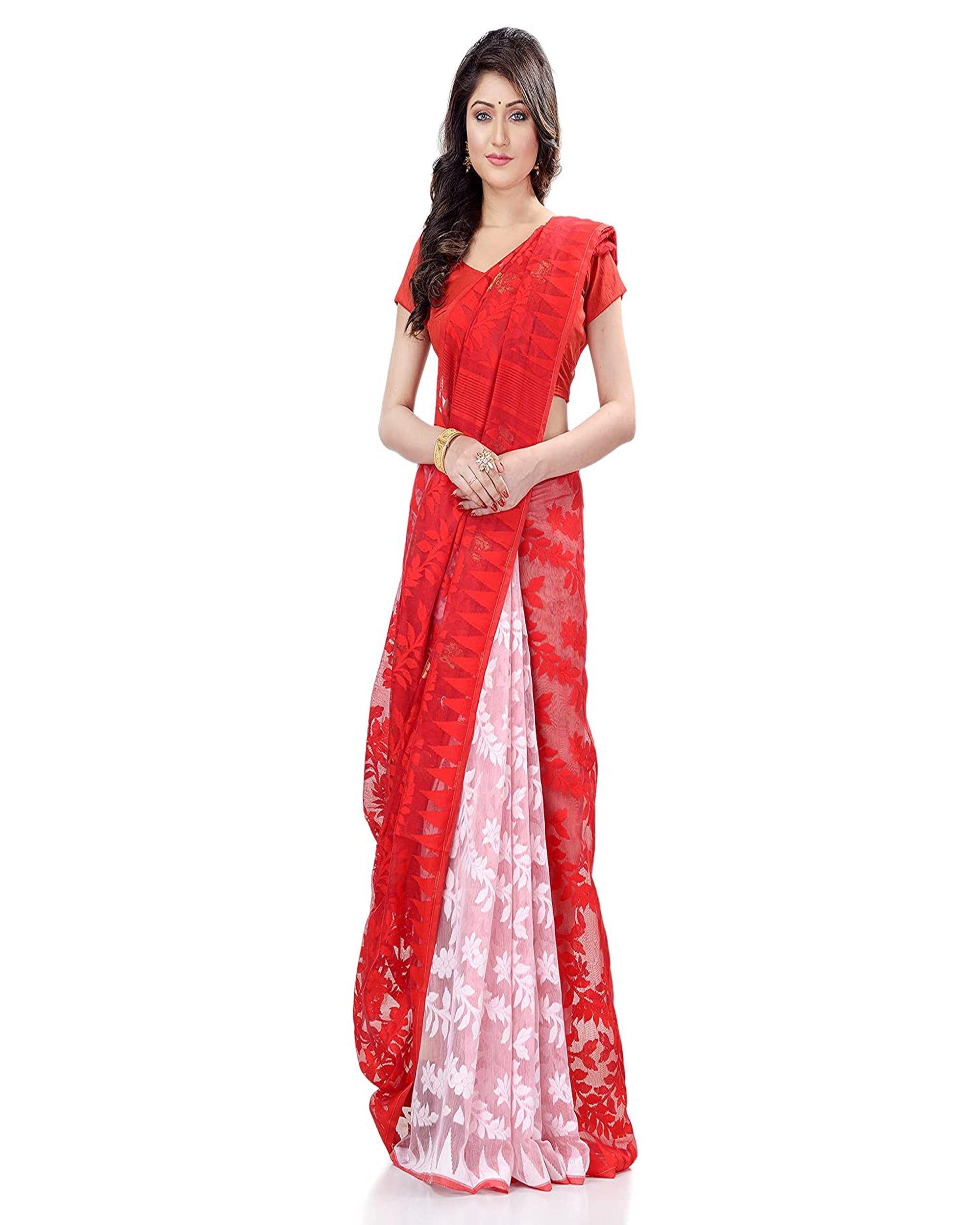 Piyari Fashion Cotton Blend Handloom Red White Jamdani Saree - Distacart
