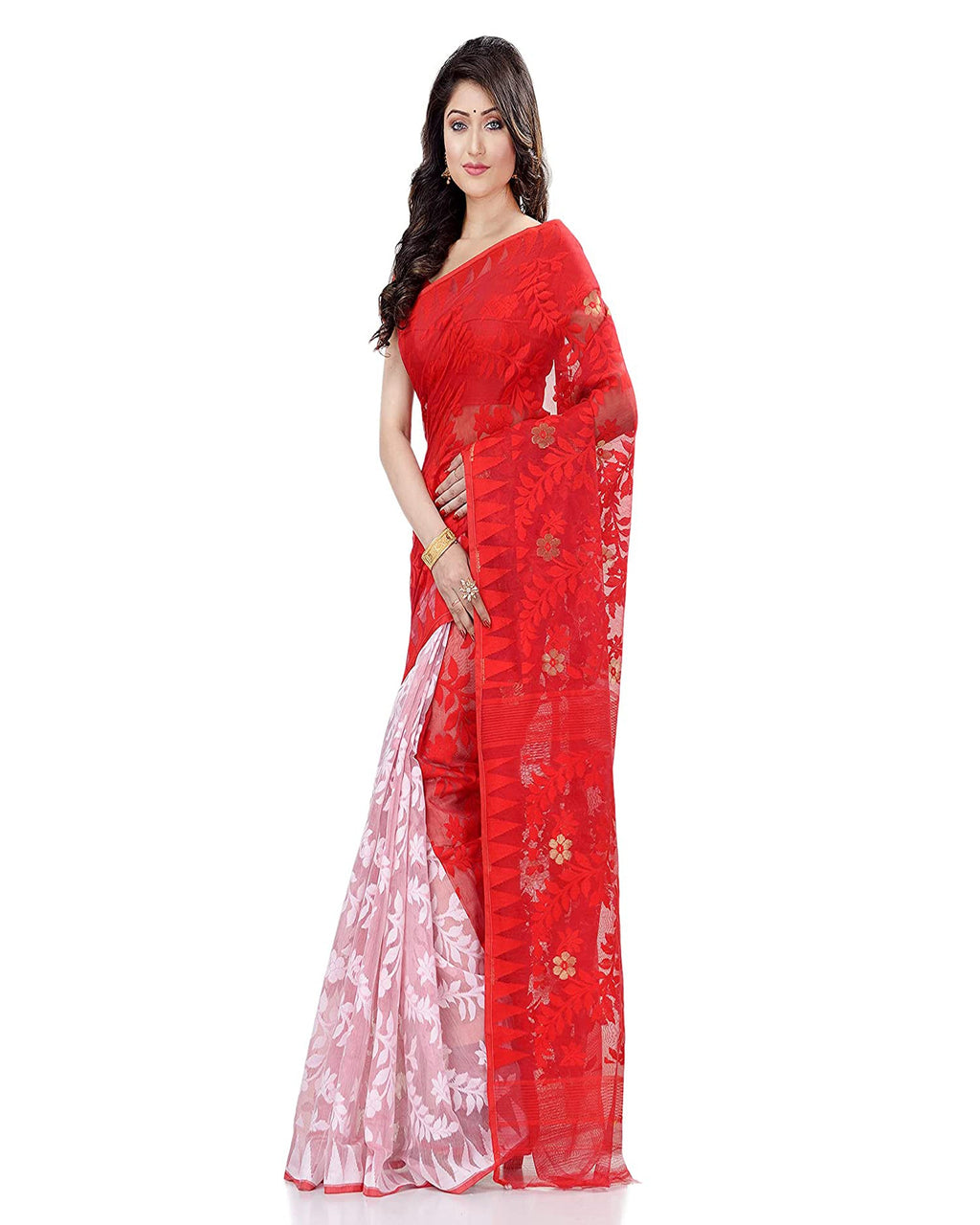 Piyari Fashion Cotton Blend Handloom Red White Jamdani Saree - Distacart