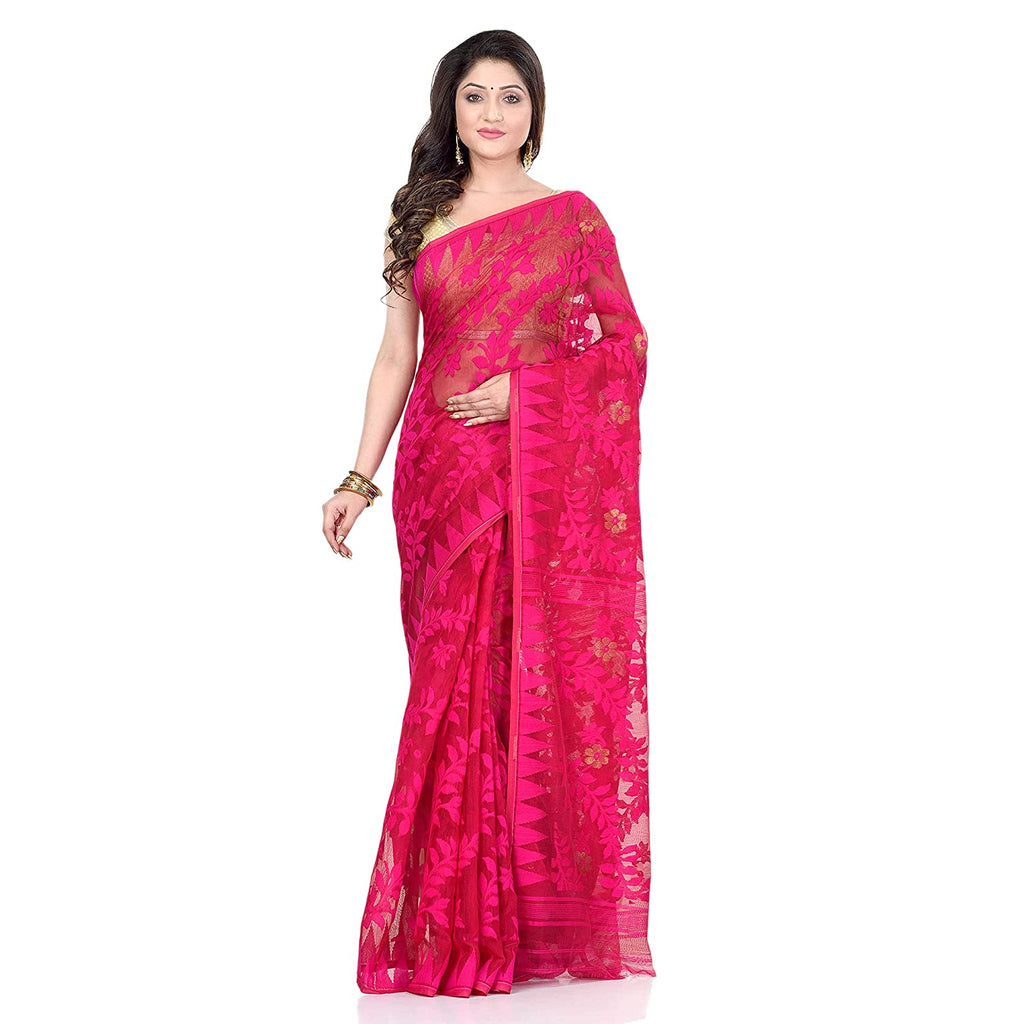 Piyari Fashion Cotton Blend Handloom Pink Jamdani Saree - Distacart