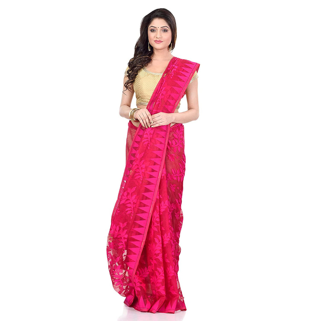 Piyari Fashion Cotton Blend Handloom Pink Jamdani Saree - Distacart