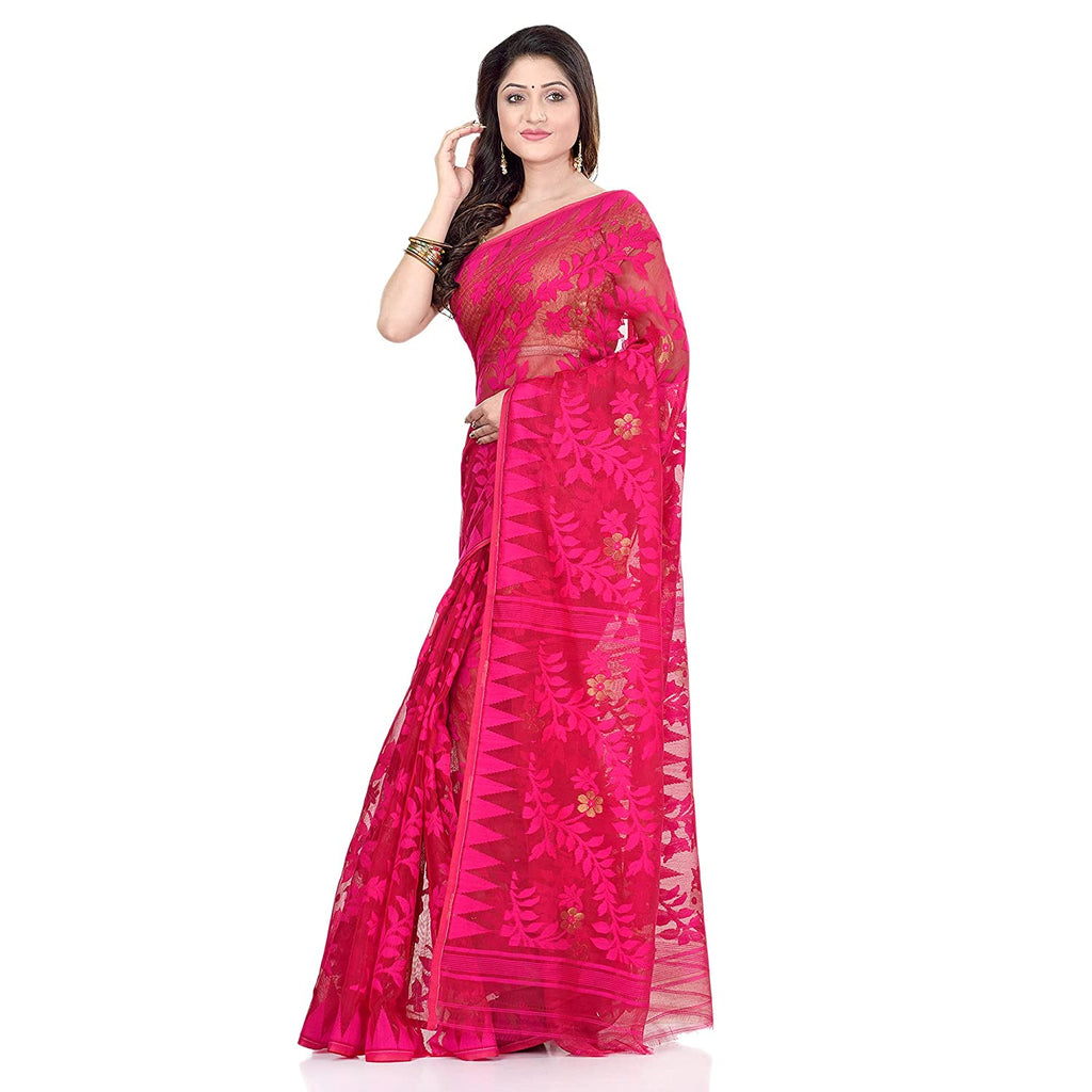 Piyari Fashion Cotton Blend Handloom Pink Jamdani Saree - Distacart