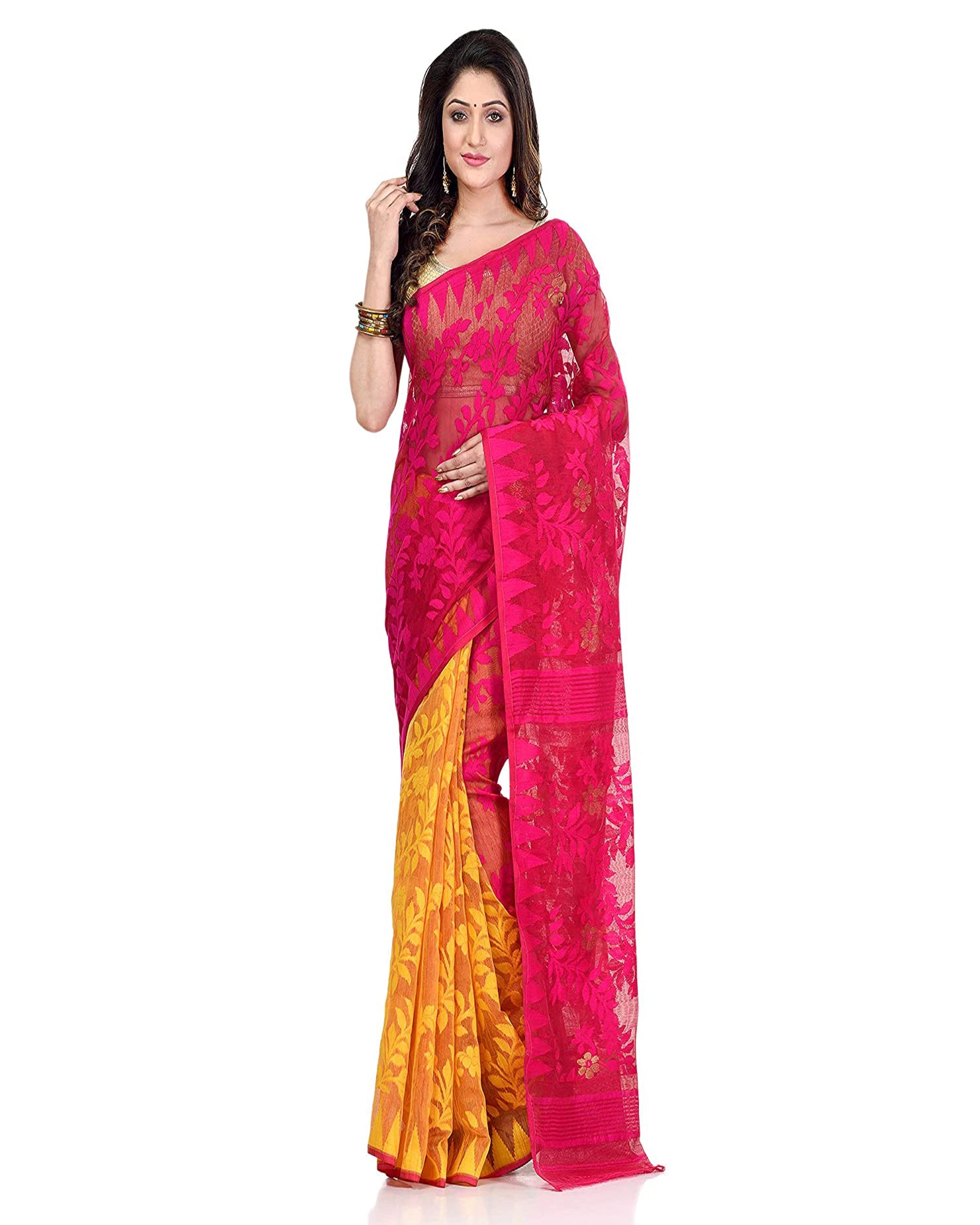 Piyari Fashion Cotton Blend Handloom Yellow Pink Jamdani Saree - Distacart