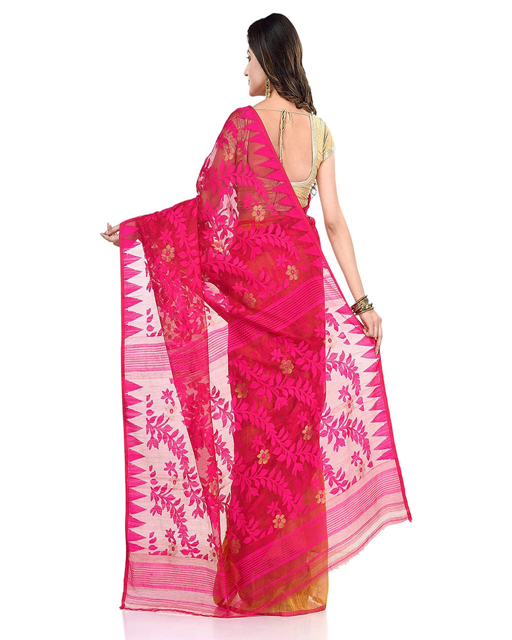 Piyari Fashion Cotton Blend Handloom Yellow Pink Jamdani Saree - Distacart