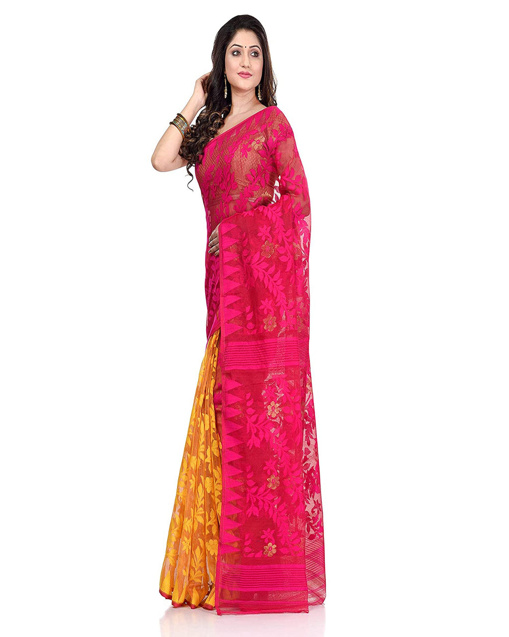 Piyari Fashion Cotton Blend Handloom Yellow Pink Jamdani Saree - Distacart