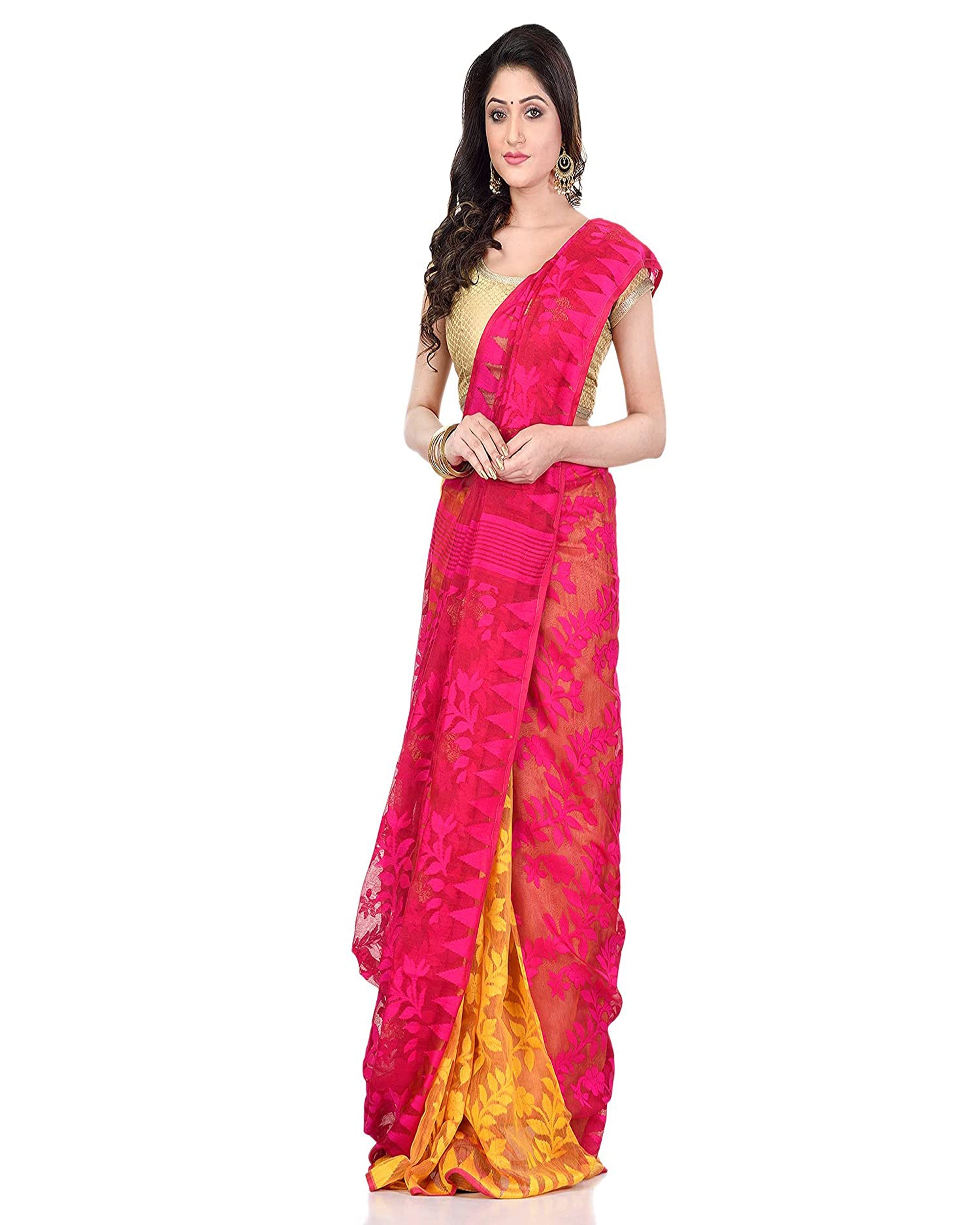 Piyari Fashion Cotton Blend Handloom Yellow Pink Jamdani Saree - Distacart