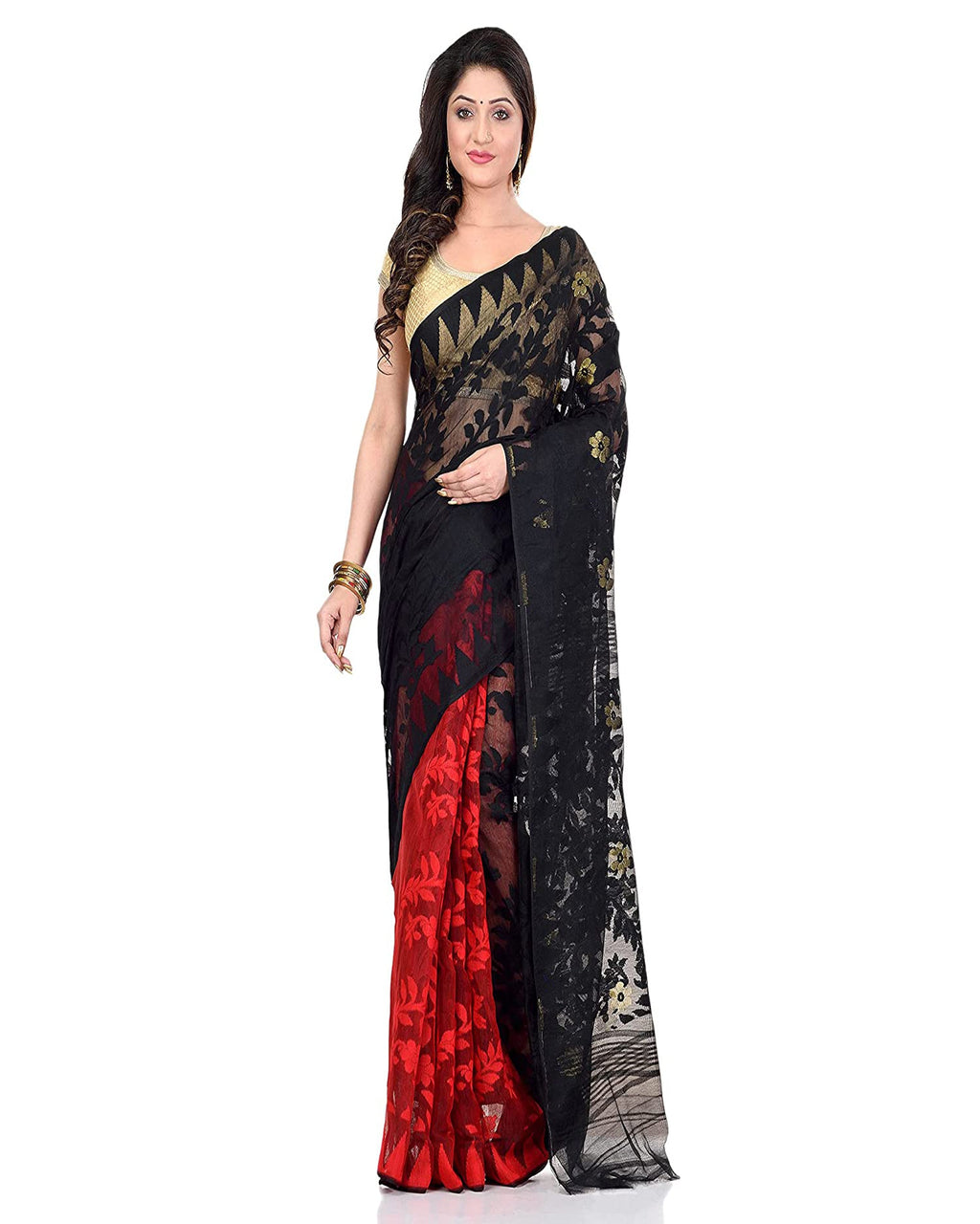 Piyari Fashion Cotton Blend Handloom Black Red Jamdani Saree - Distacart
