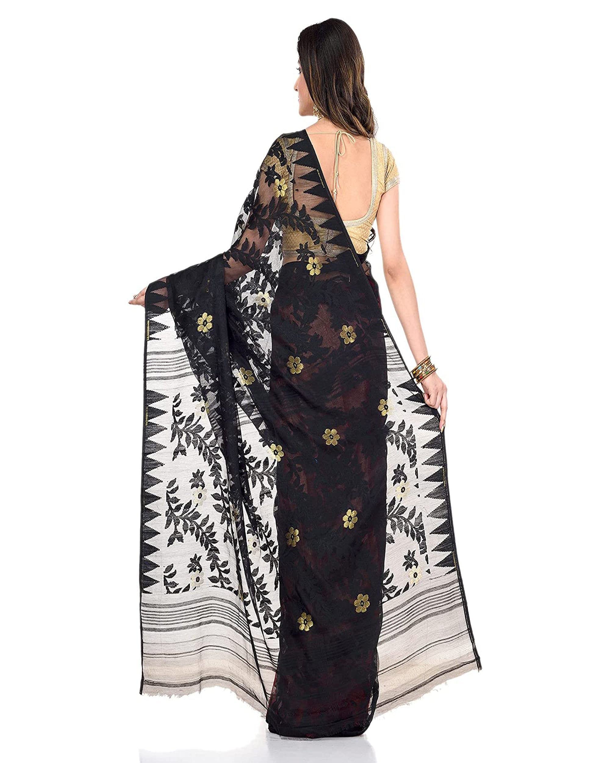 Piyari Fashion Cotton Blend Handloom Black Red Jamdani Saree - Distacart