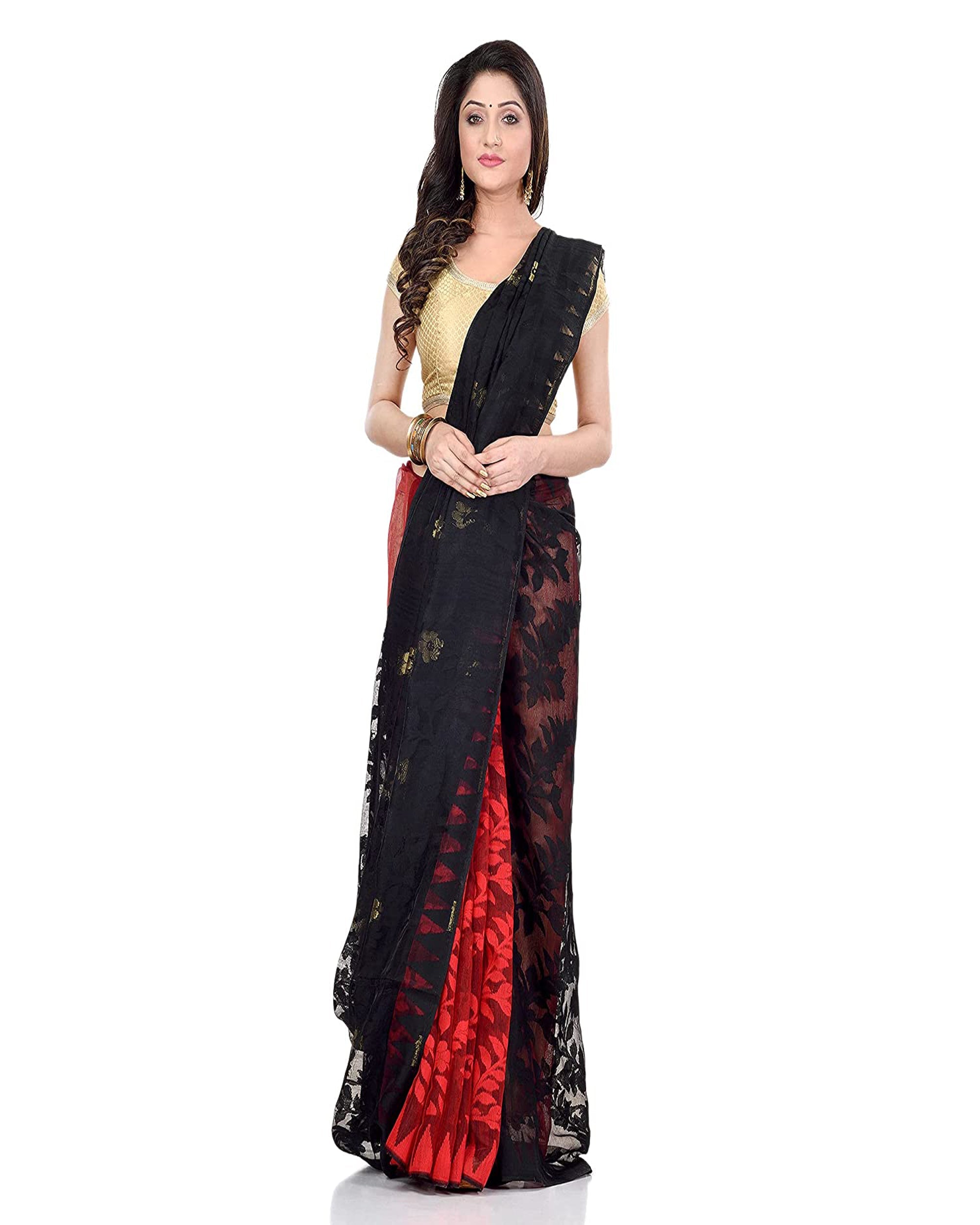 Piyari Fashion Cotton Blend Handloom Black Red Jamdani Saree - Distacart