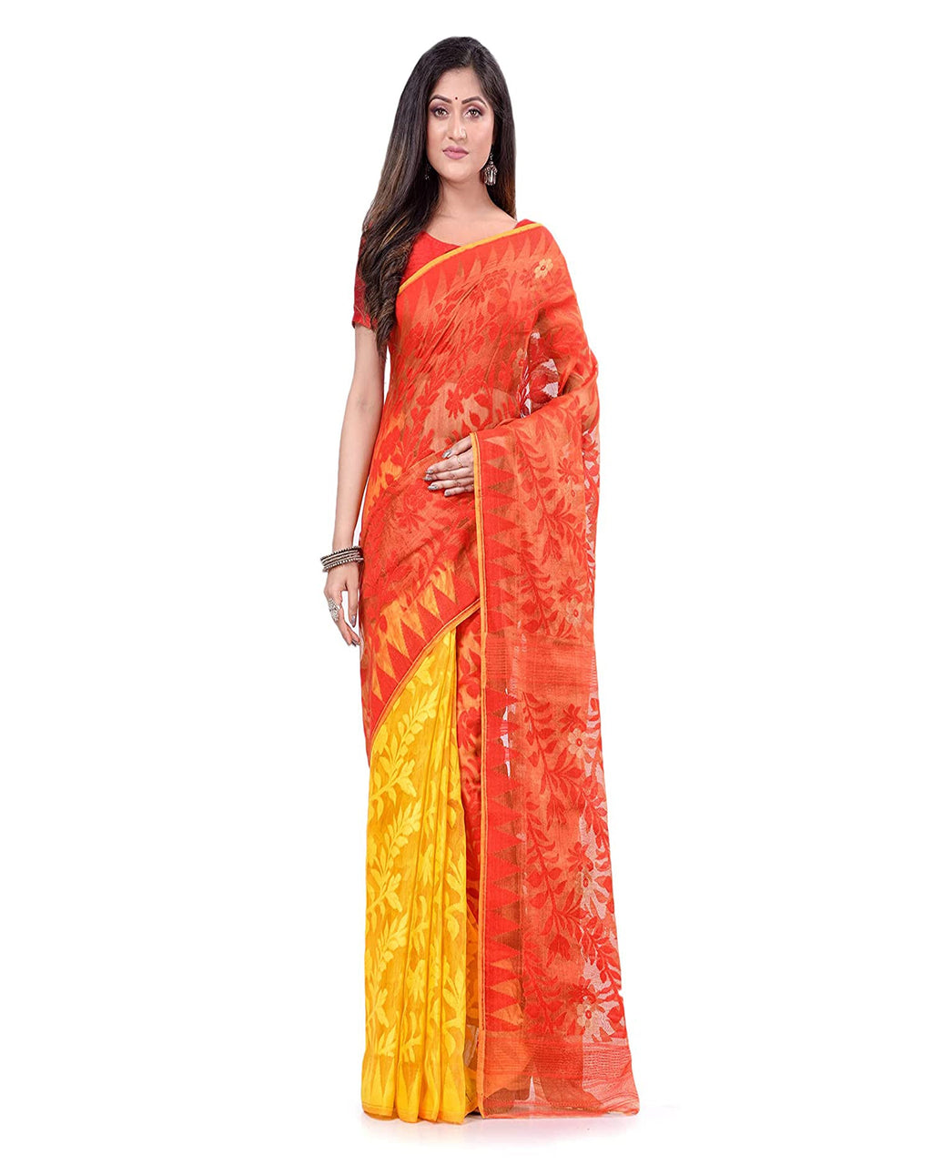 Piyari Fashion Cotton Blend Handloom Yellow Orange Jamdani Saree - Distacart