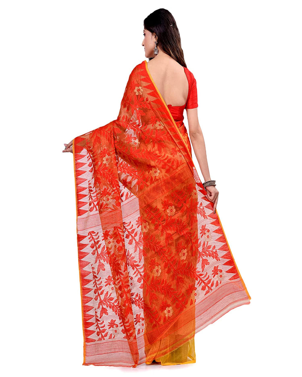 Piyari Fashion Cotton Blend Handloom Yellow Orange Jamdani Saree - Distacart